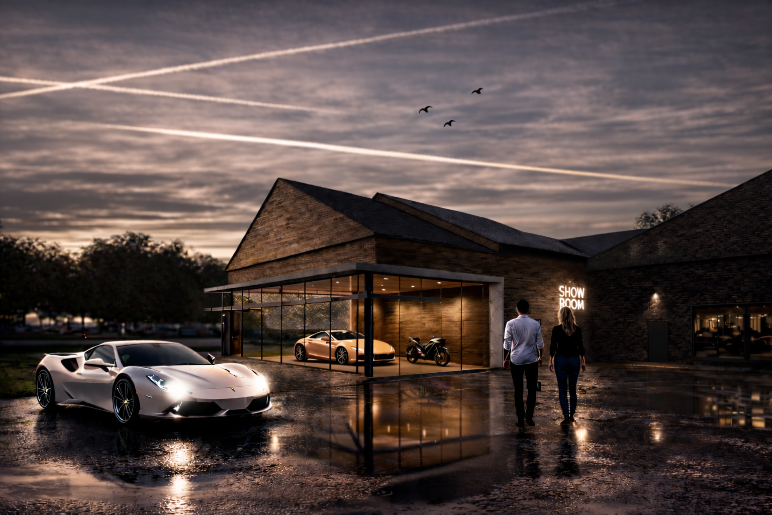 A modern car showroom at dusk with luxury cars and a motorcycle inside. Two people walk towards the entrance, which has a "SHOW ROOM" sign, with a sleek sports car parked outside. The sky is partly cloudy with contrails by brahlerdesign.