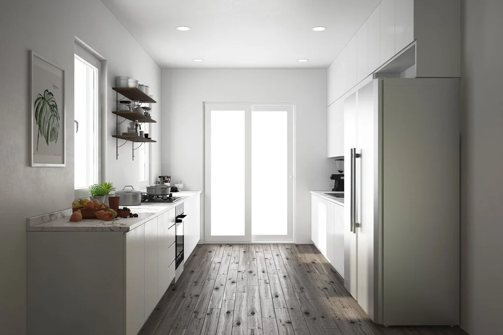 Bright modern kitchen with white cabinets, wooden floors, and two windows. Open shelving with dishes and a sliding glass door at the end by brahlerdesign.