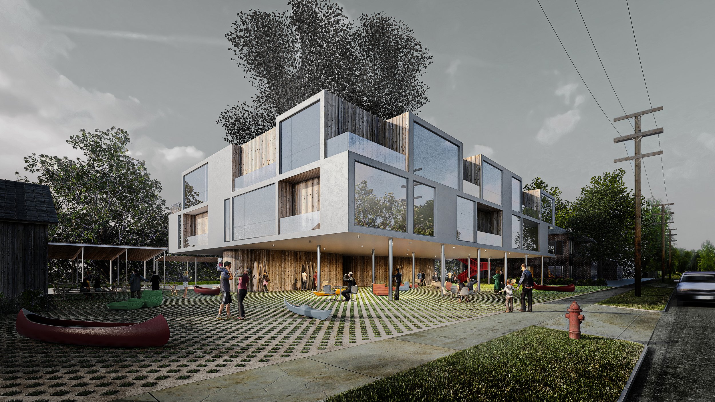 Modern multi-story building with large glass windows and wooden accents, surrounded by people, some sitting and walking, green grass, trees, and a cloudy sky.