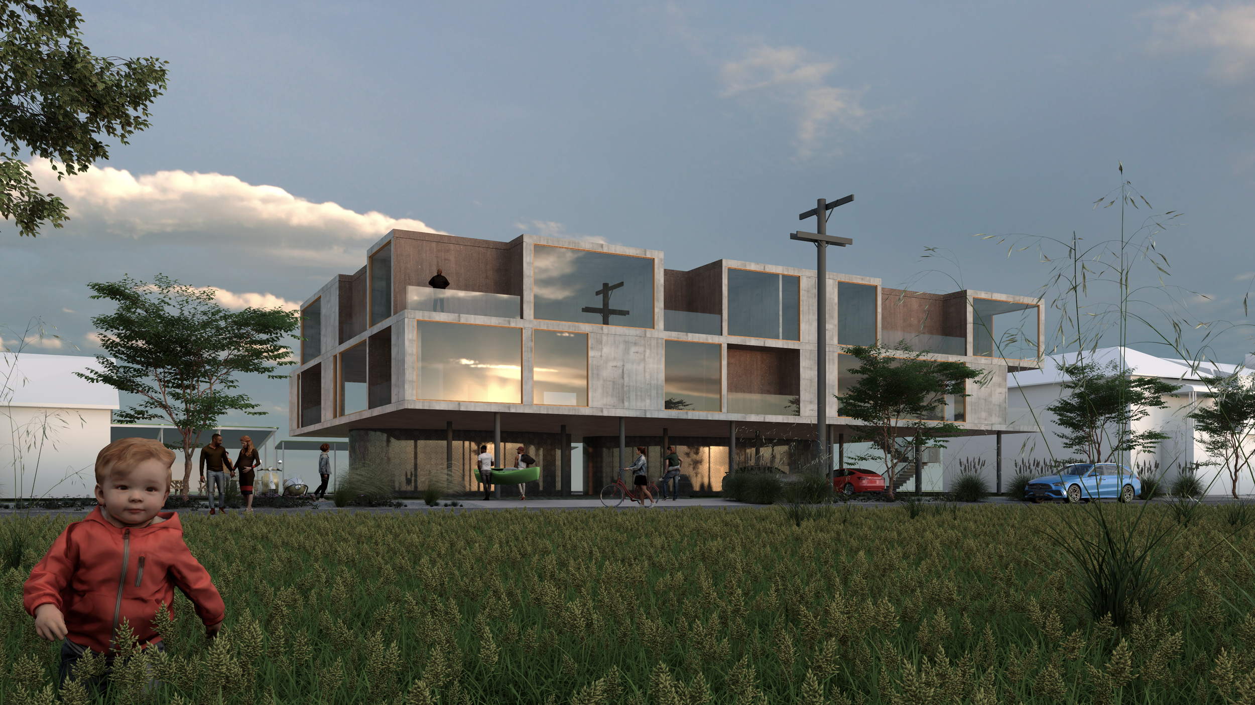 Rendering of a modern multi-story building with large glass windows, situated in a lush green area. Several people are visible, including a child in the foreground, a group chatting, someone with a bicycle, and cars parked nearby. The sky is partly cloudy with the sun setting.