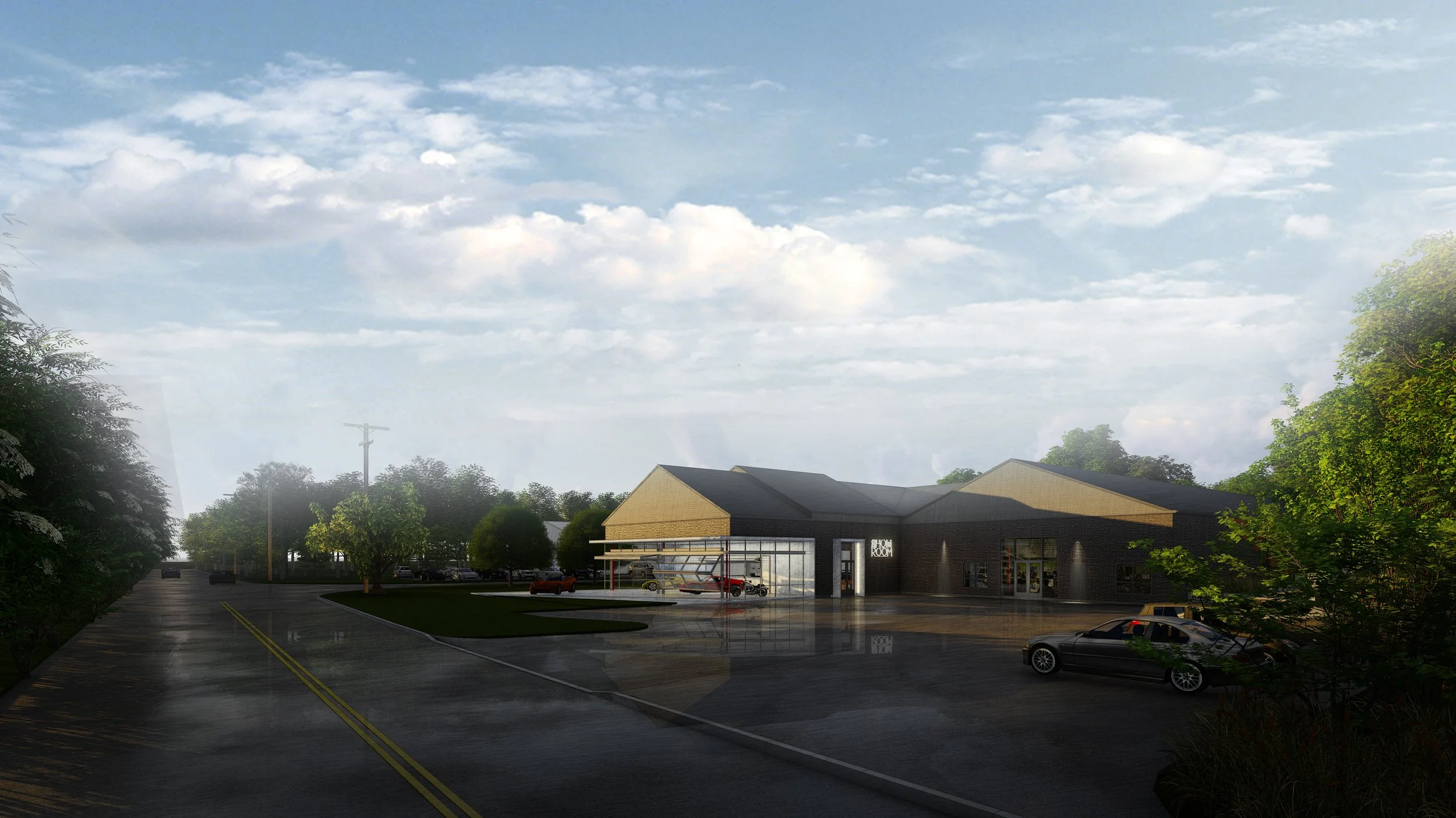 A modern retail building with large glass windows and a sign that reads 'SHOW ROOM,' surrounded by a parking lot with several cars, trees, and a cloudy blue sky by brahlerdesign.