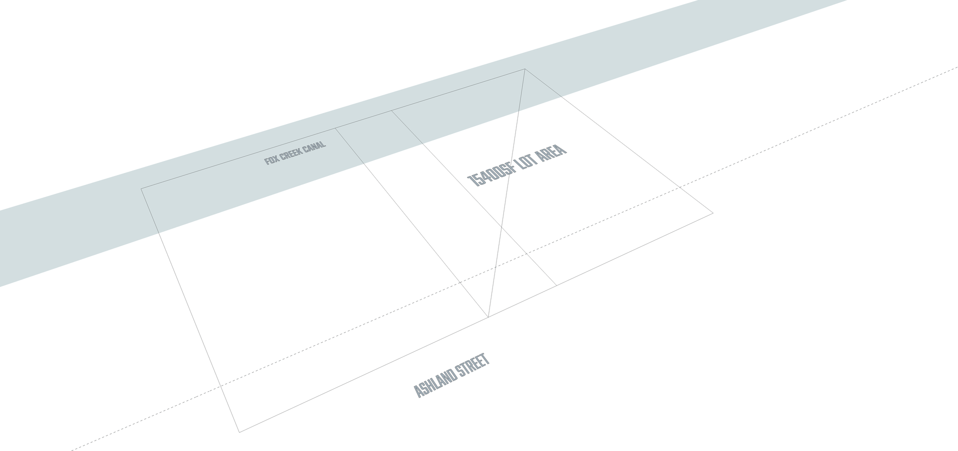 A 3D diagram shows a plot of land adjacent to Fox Creek Canal and Ashland Street with an area of 15,400 square feet. brahlerdesign.
