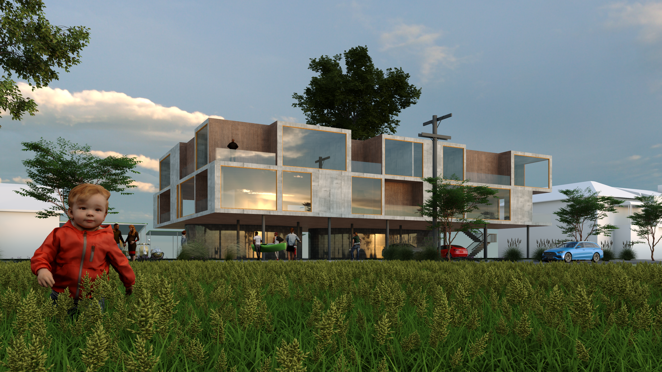 A modern architectural building with large glass windows, surrounded by greenery and trees. There are people walking and children playing outside, and cars parked nearby. The sky is partly cloudy with the sunset reflected on the glass windows.
