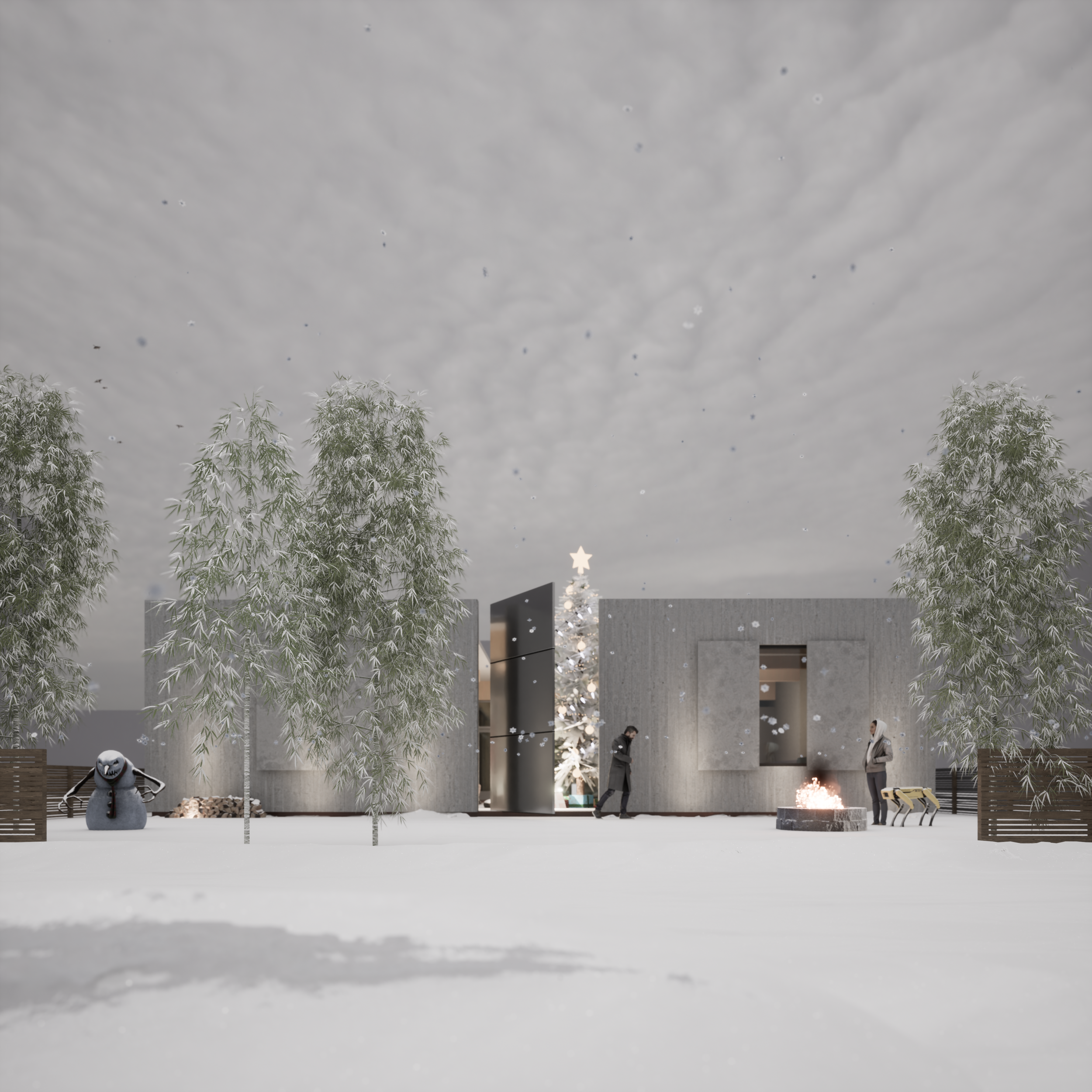 Indoor space decorated for Christmas with snowman, Christmas tree, and people. brahlerdesign.
