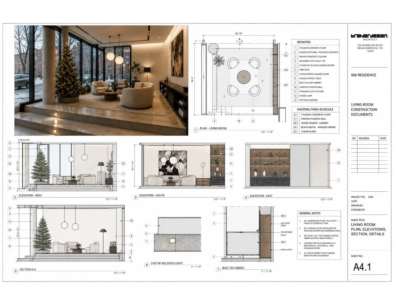 Architectural interior of a living room with floor-to-ceiling windows, modern furniture, a Christmas tree, and decorative lighting; includes detailed floor plans and elevations of the room design brahlerdesign.