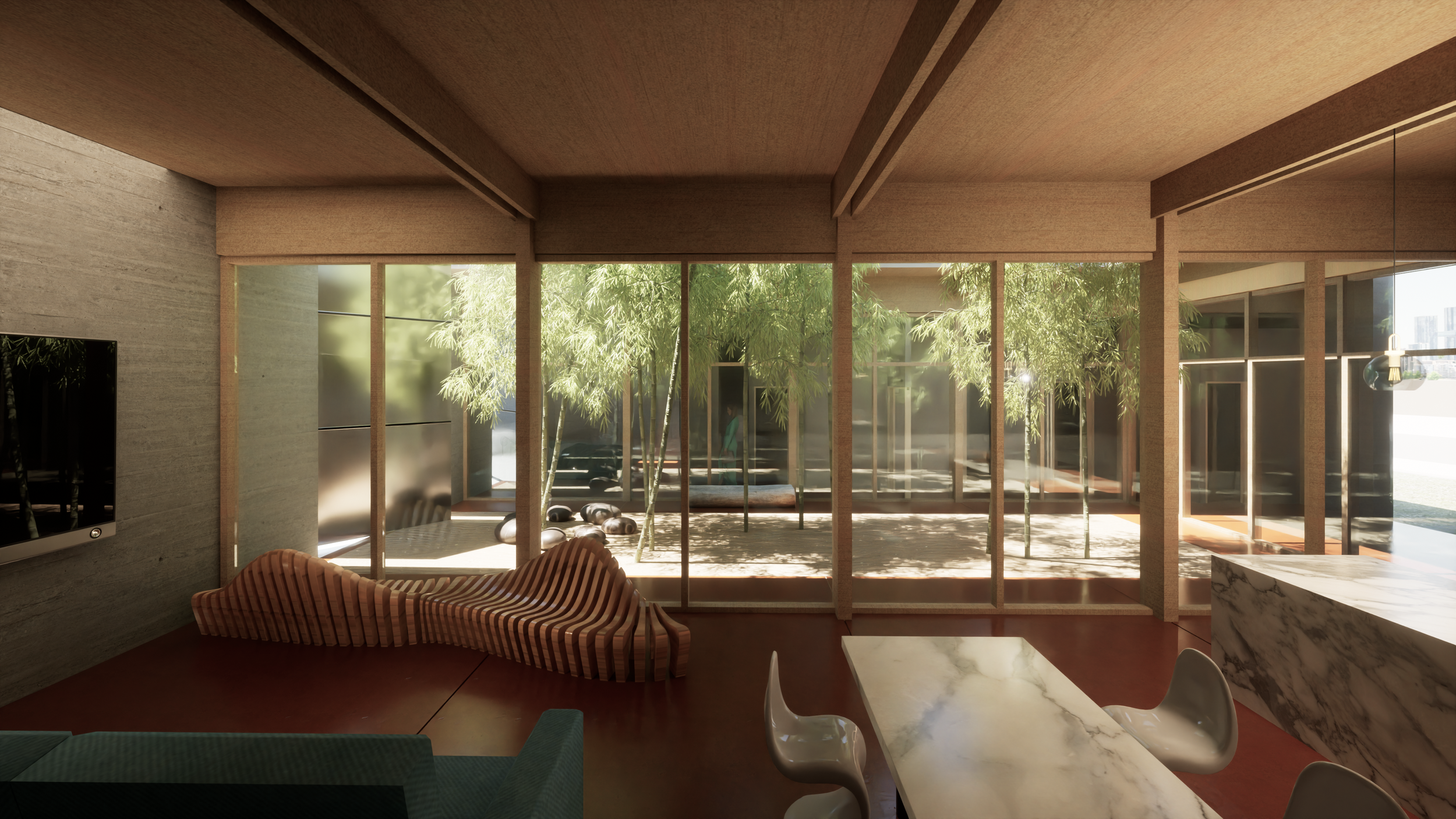 Interior view of a modern room with large glass windows and a view of outdoor greenery including bamboo trees, featuring contemporary furniture such as a curved wooden lounge and white chairs around a marble table. brahlerdesign.