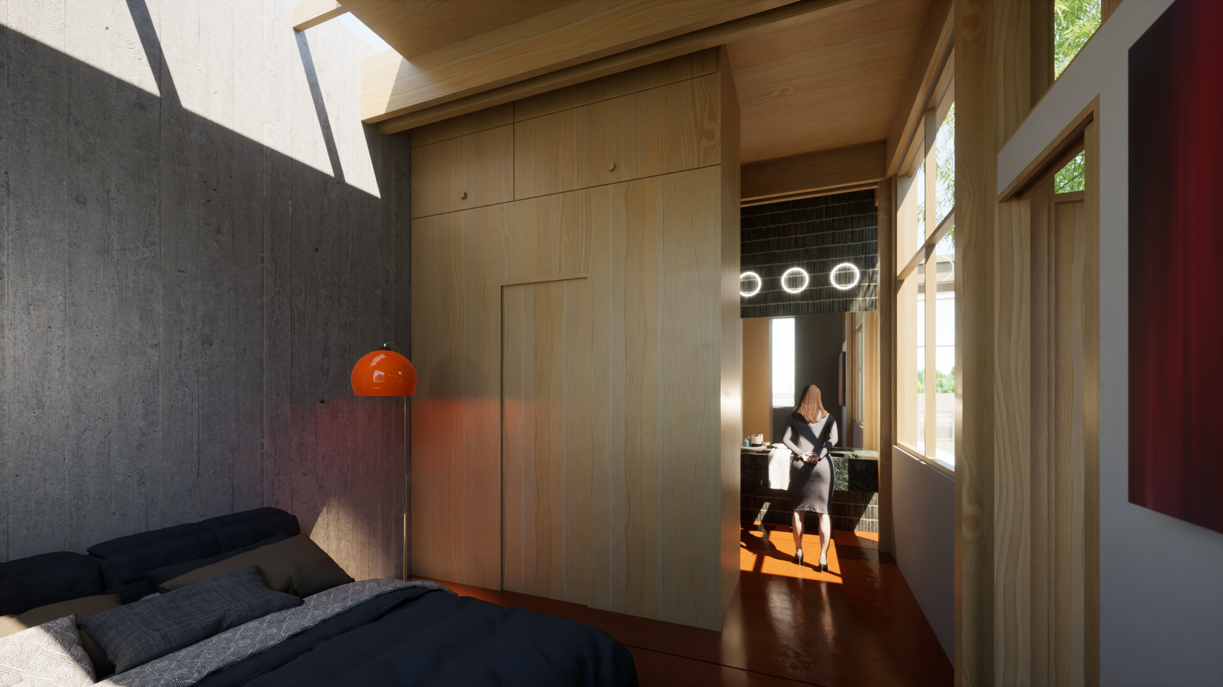 Interior view of a modern room with wooden and concrete walls, featuring a bed in the lower left corner, a red wall-mounted lamp, and a woman in a black and white dress standing near a window in the background. brahlerdesign.