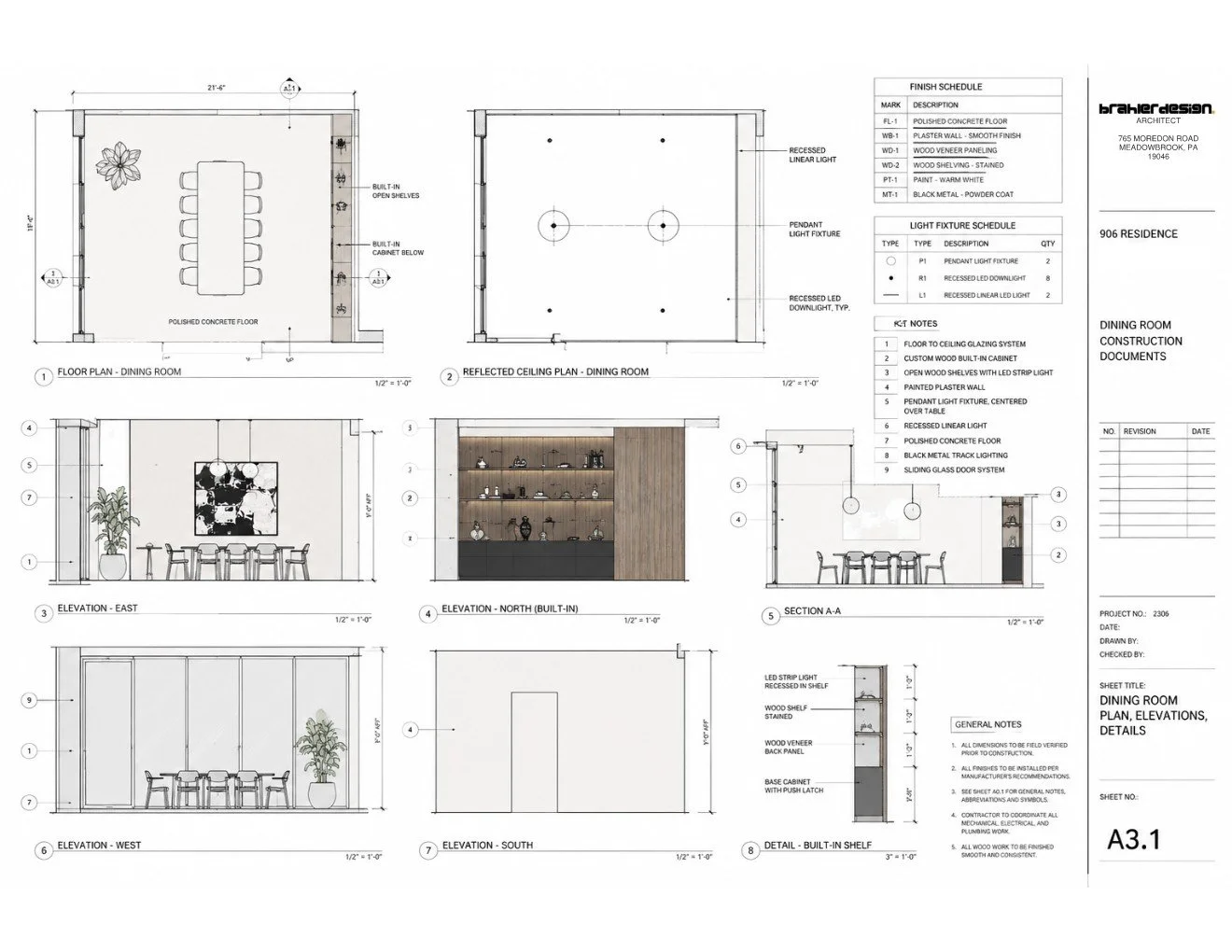 Architectural blueprint of a dining room with floor plans, ceiling plans, elevations, sections, and detailed views, including specifications for materials, lighting, and cabinetry brahlerdesign.