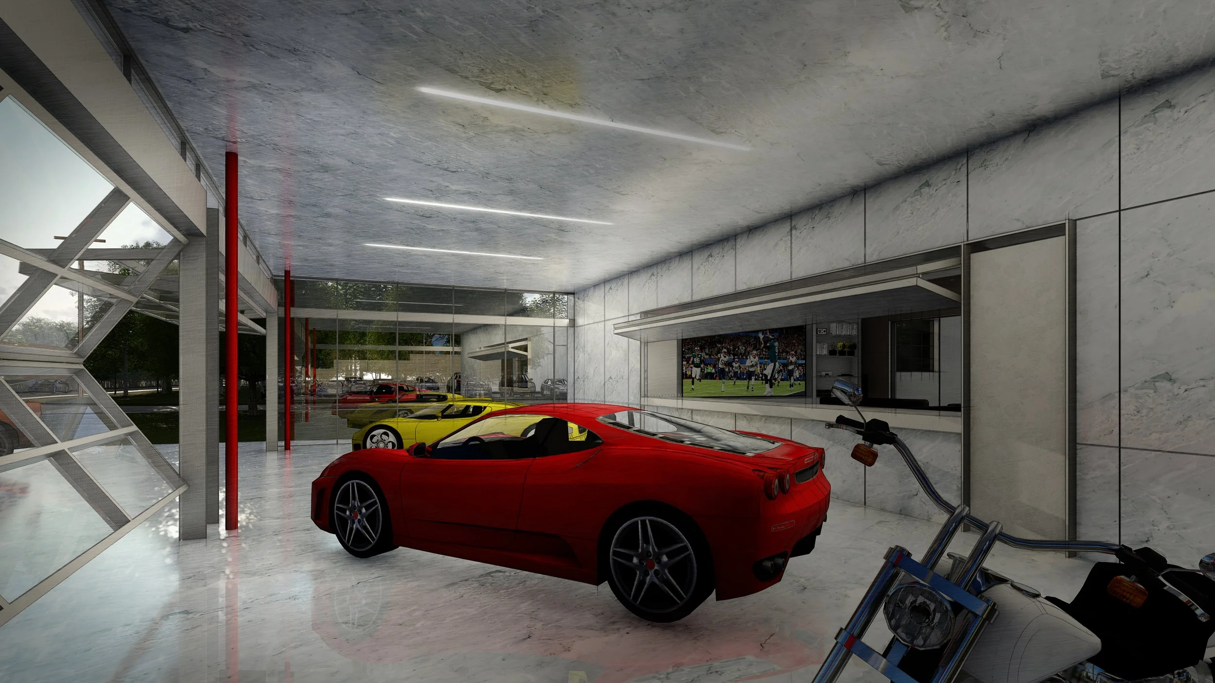 Interior of a modern car showroom with a red sports car, yellow cars, and a recreational motorcycle, with a large glass window showing an outdoor parking lot and a TV displaying a sports game by brahlerdesign.
