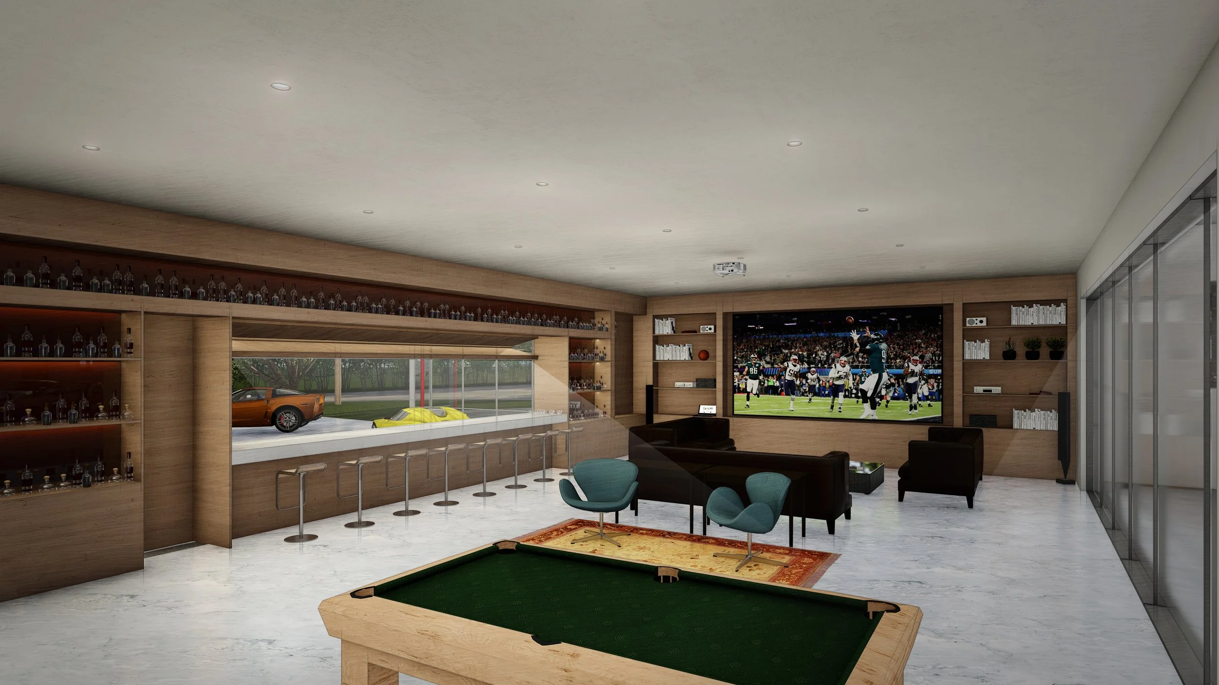 Modern entertainment room with large TV showing football game, bar with bottles, pool table, and seating area by brahlerdesign.