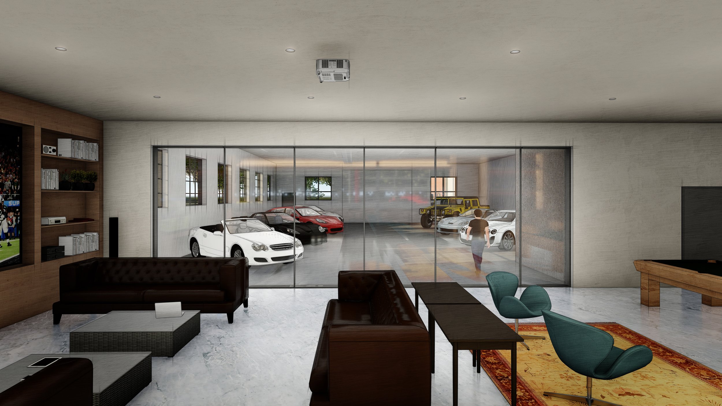 Living room with a view of a garage filled with luxury cars through glass doors, a person walking outside, and indoor furniture including sofas, chairs, and a bookshelf by brahlerdesign.