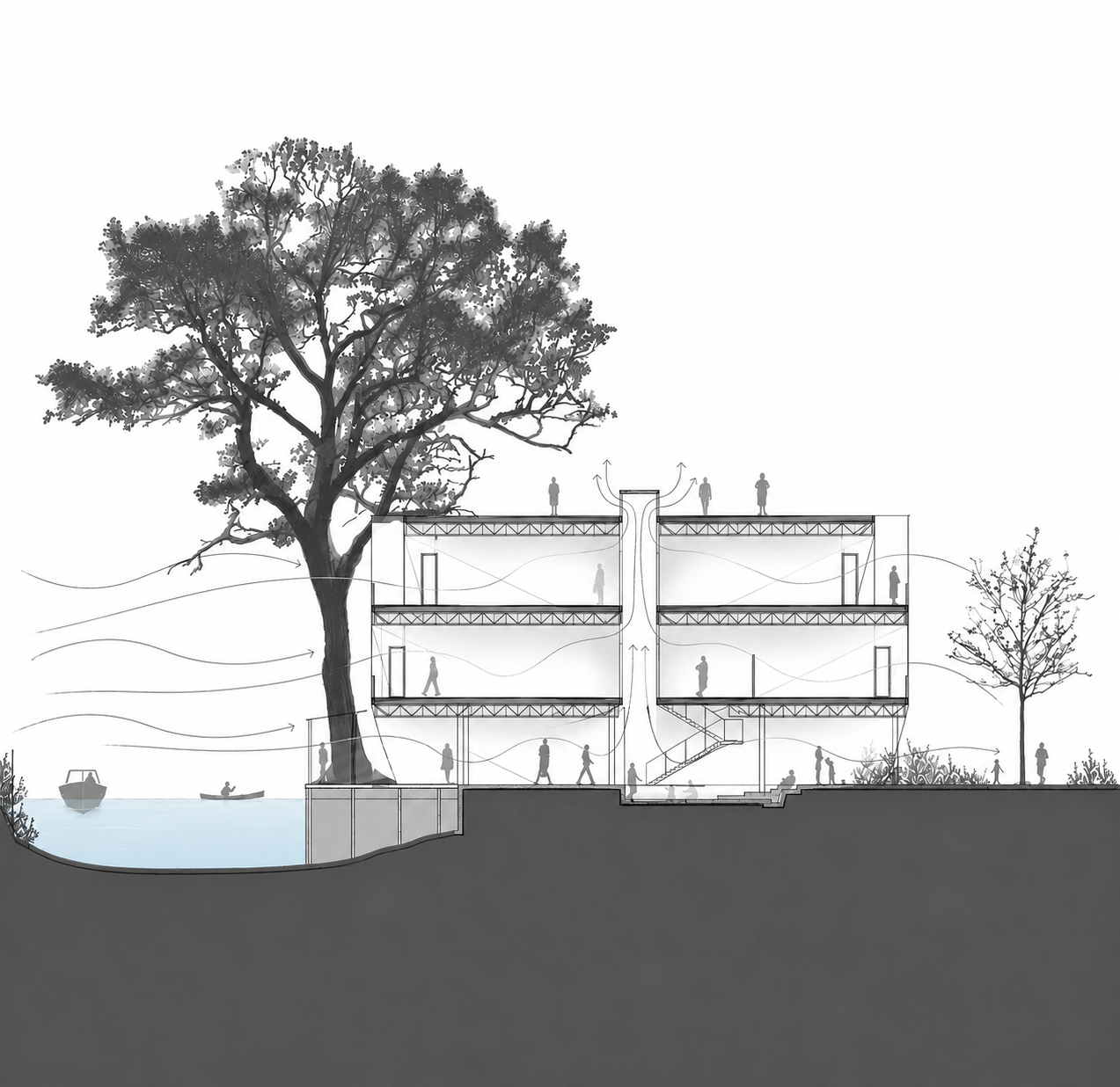 A detailed architectural cross-section of a sustainable building with trees, water, and people outside, showcasing eco-friendly design features like natural ventilation, daylighting, and outdoor spaces.
