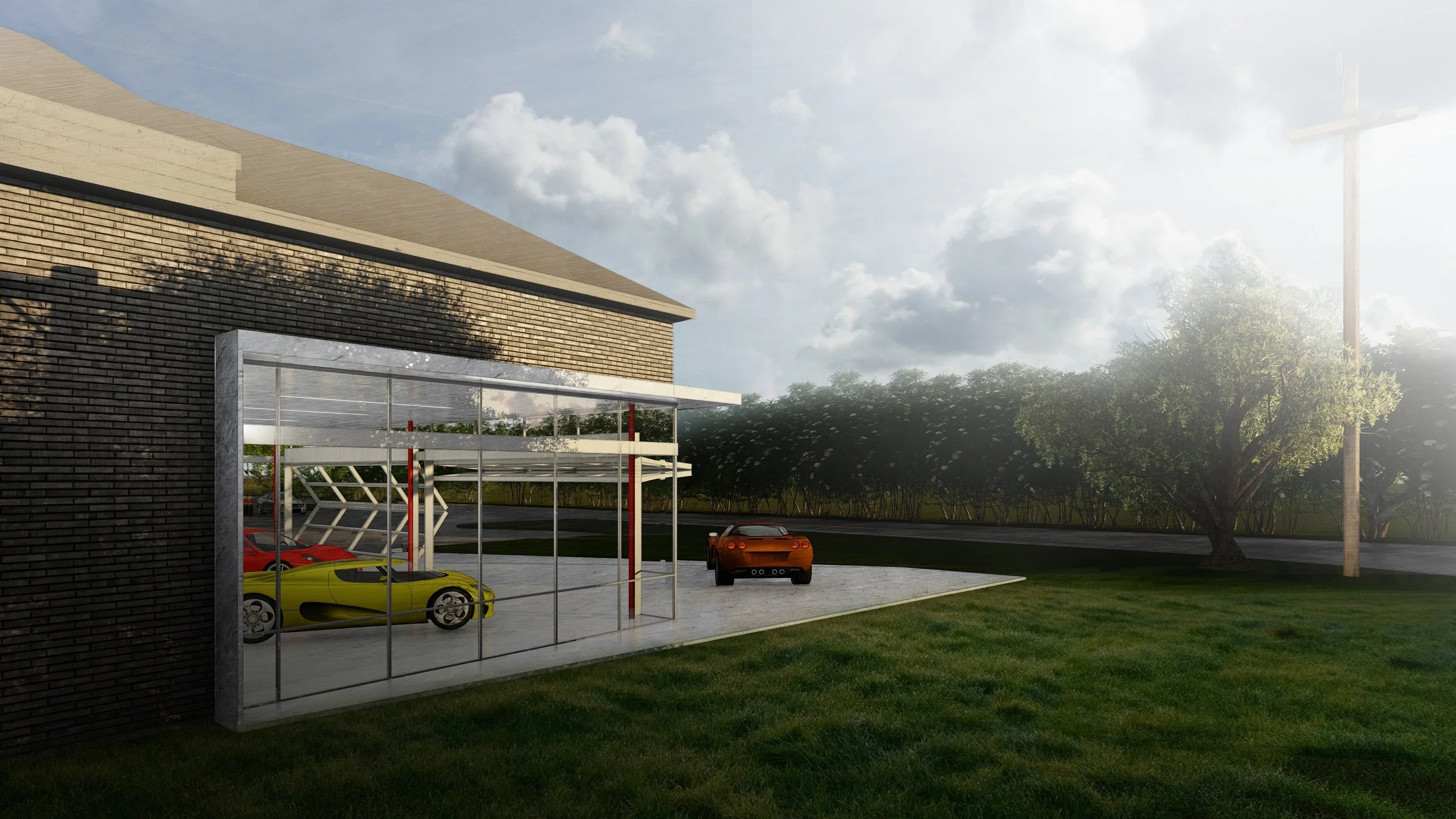 A modern building with brick walls and large glass windows, a carport with colorful sports cars inside, and a parking lot with two cars outside, surrounded by green grass and trees, under a partly cloudy sky with sunlight by brahlerdesign.