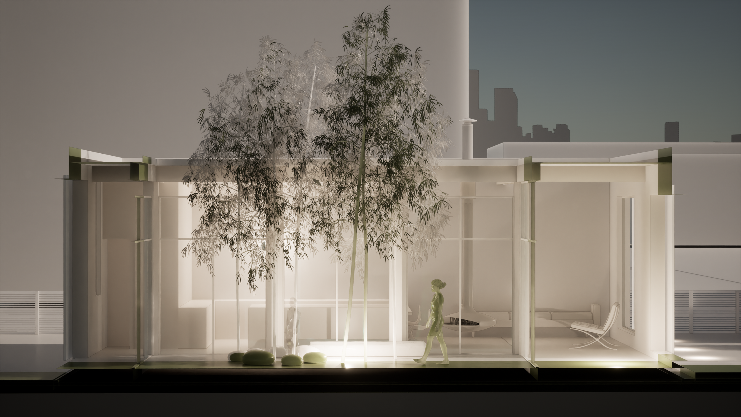 A detailed architectural model of a modern interior space with trees, minimal furniture, and a city skyline in the background. brahlerdesign.