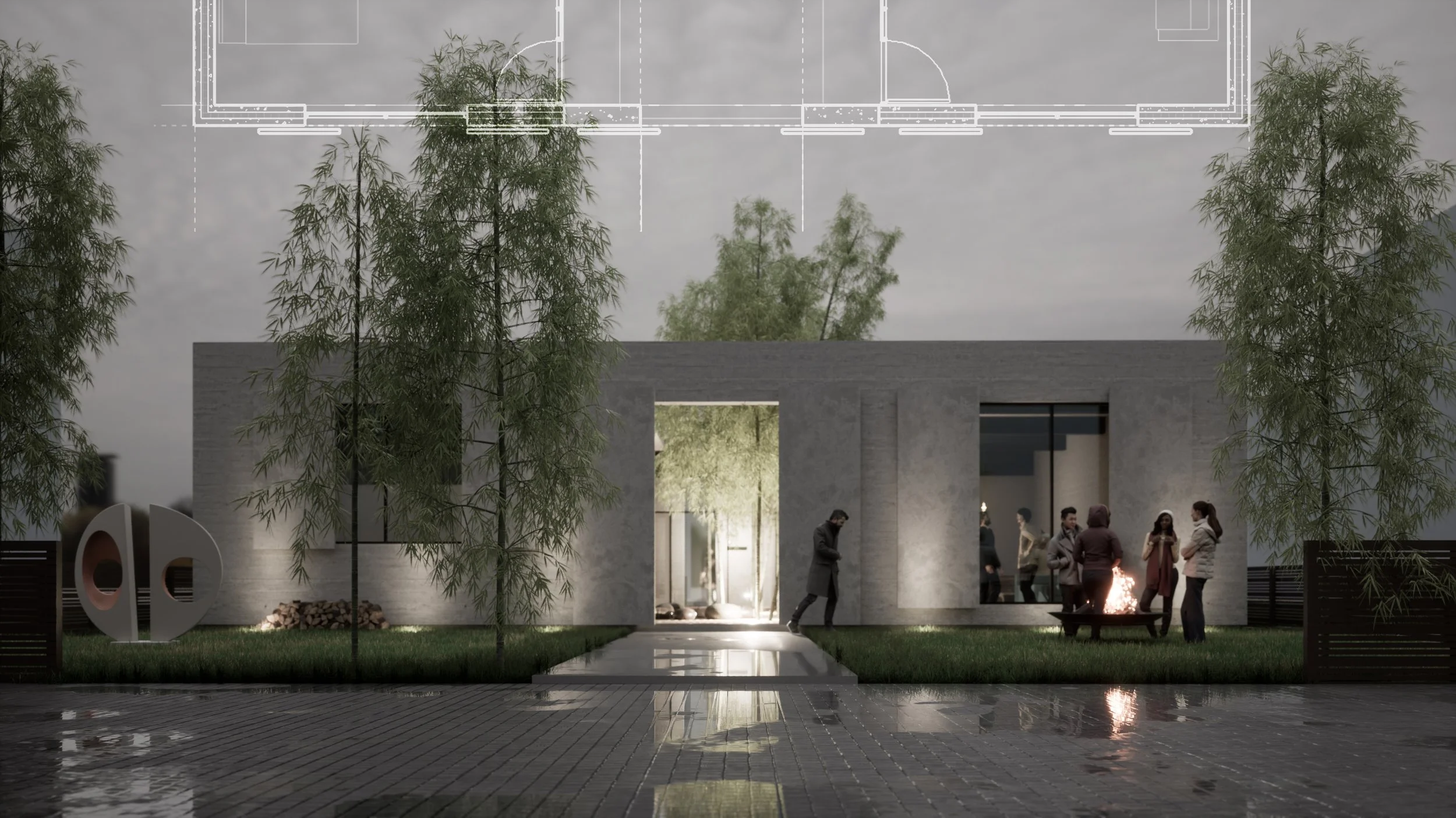 Modern building with a group of people gathered outside, trees, and a small fire in a fire pit at dusk. brahlerdesign.