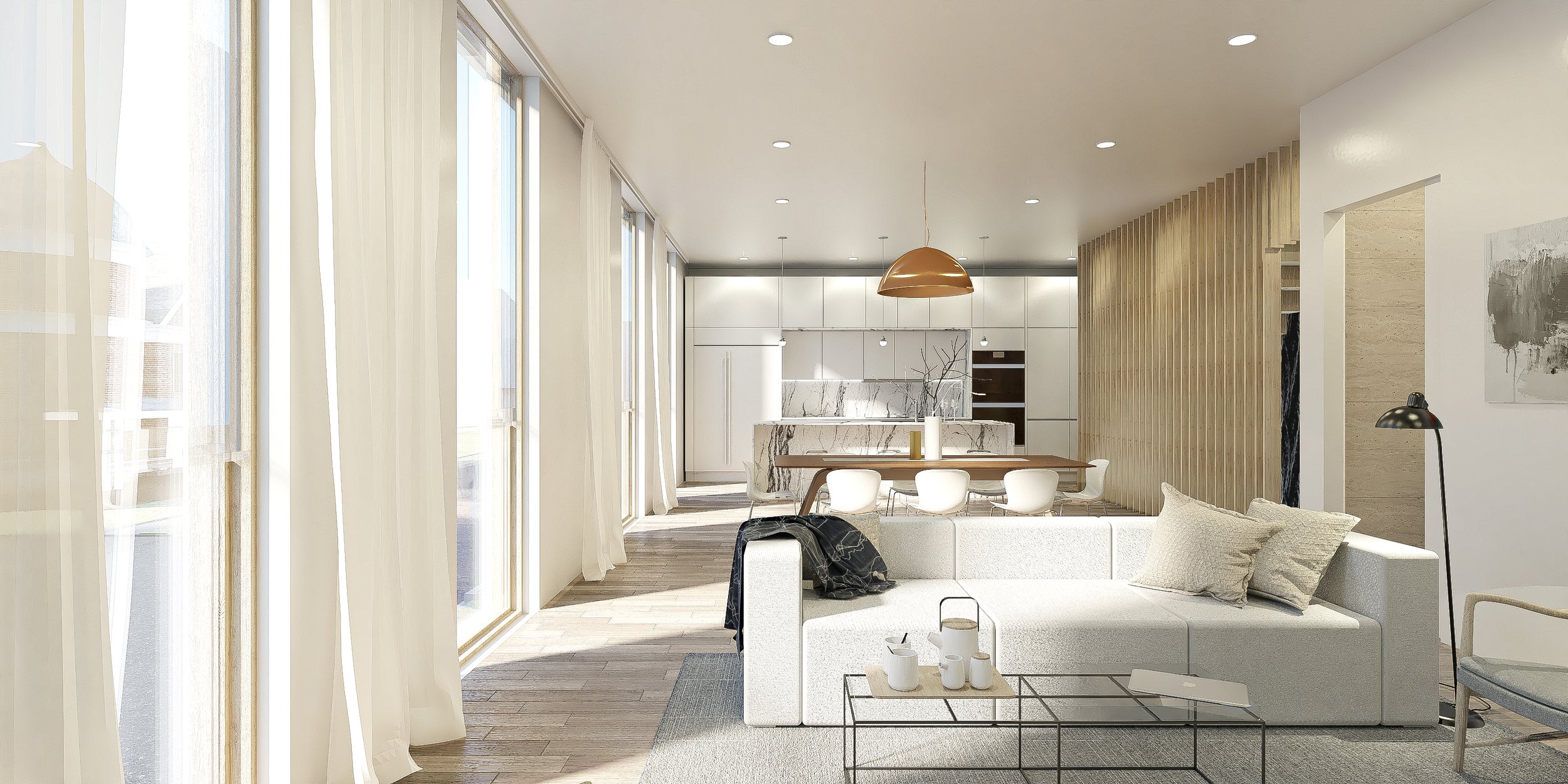 Open-concept living room and kitchen with large windows, white and beige color scheme, modern furniture, and minimalist decor brahlerdesign..