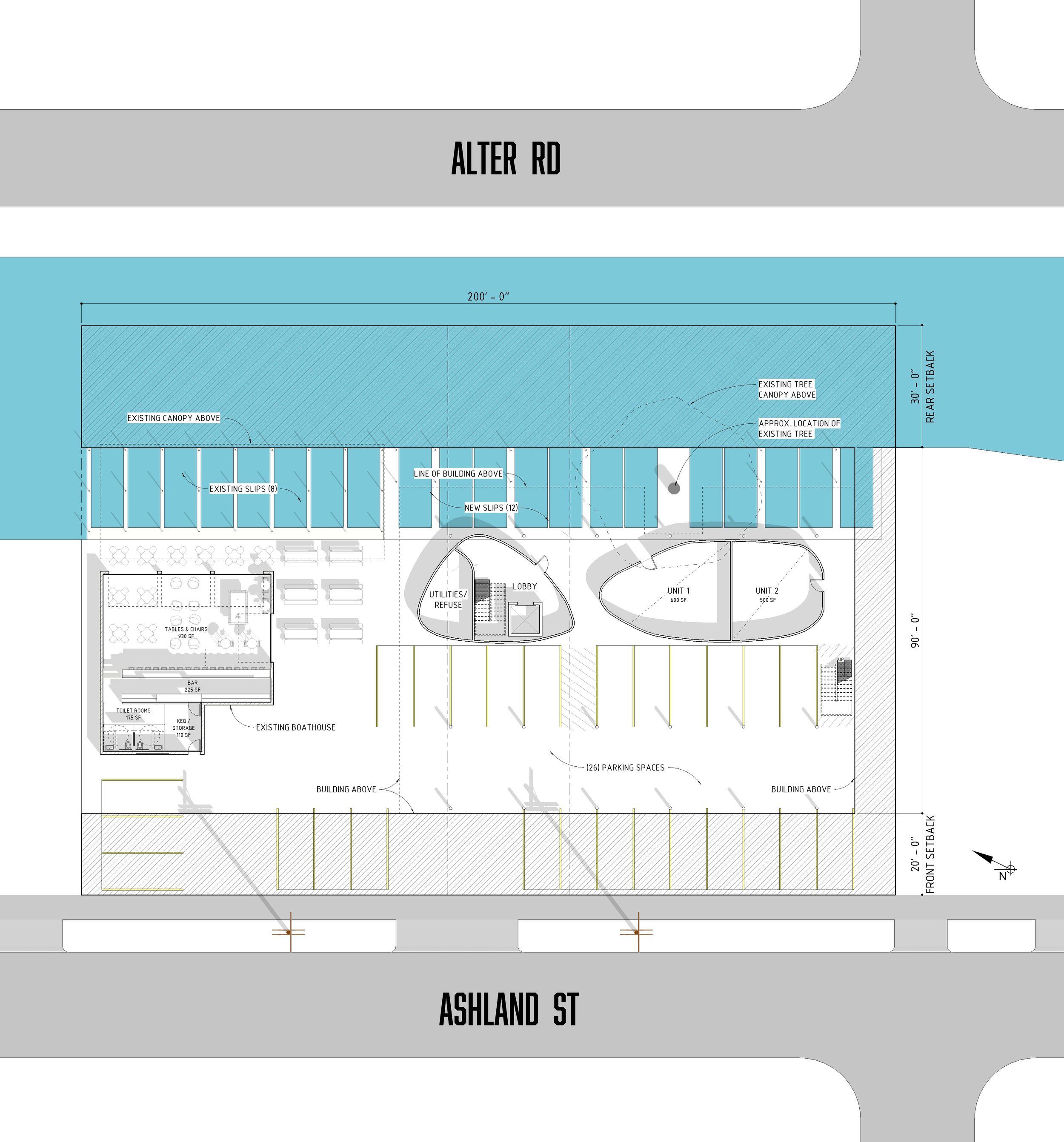 Architectural site plan showing streets labeled Ashland Street and Alter Road with parking spaces, building outlines, and utility areas. brahlerdesign.