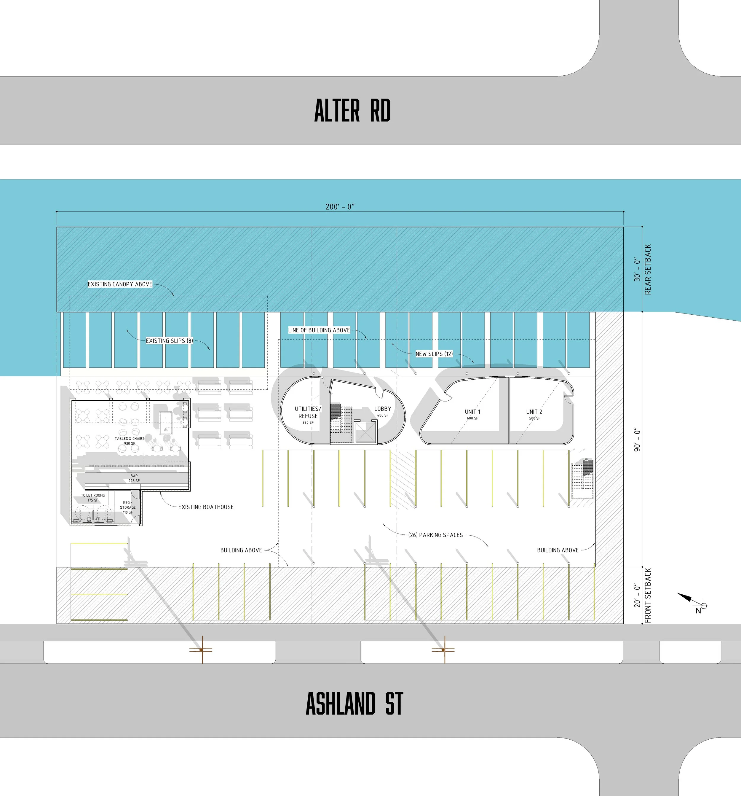 Site plan for a building development with parking spaces, a boathouse, office units, a lobby, utility room, and landscaped areas, bordered by Ashland Street and Alter Road.