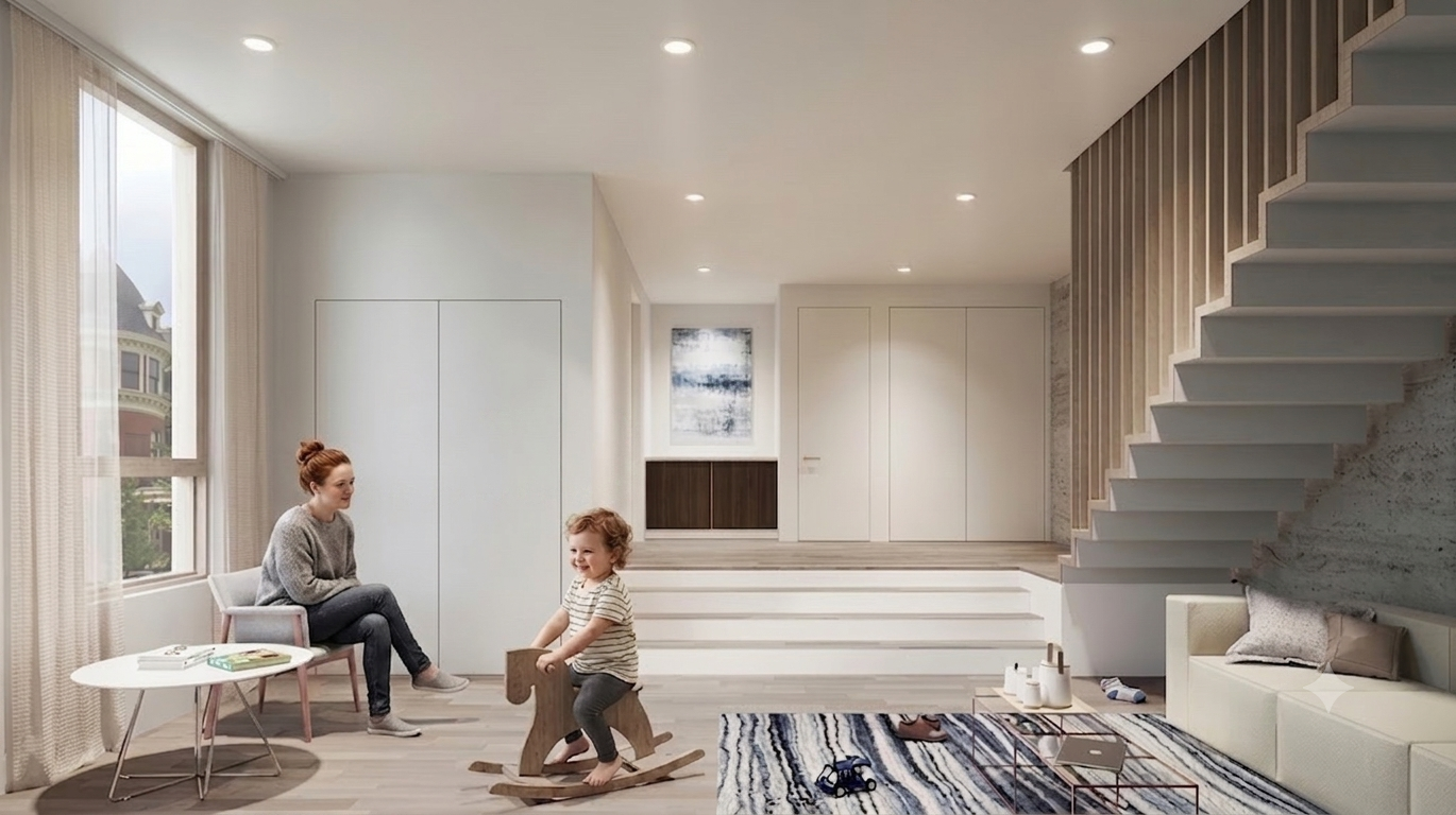 Modern living room with large window, white walls, staircase with wooden slats, abstract painting, child’s wooden rocking horse, small white table, chair, and a rug with toys. brahlerdesign.