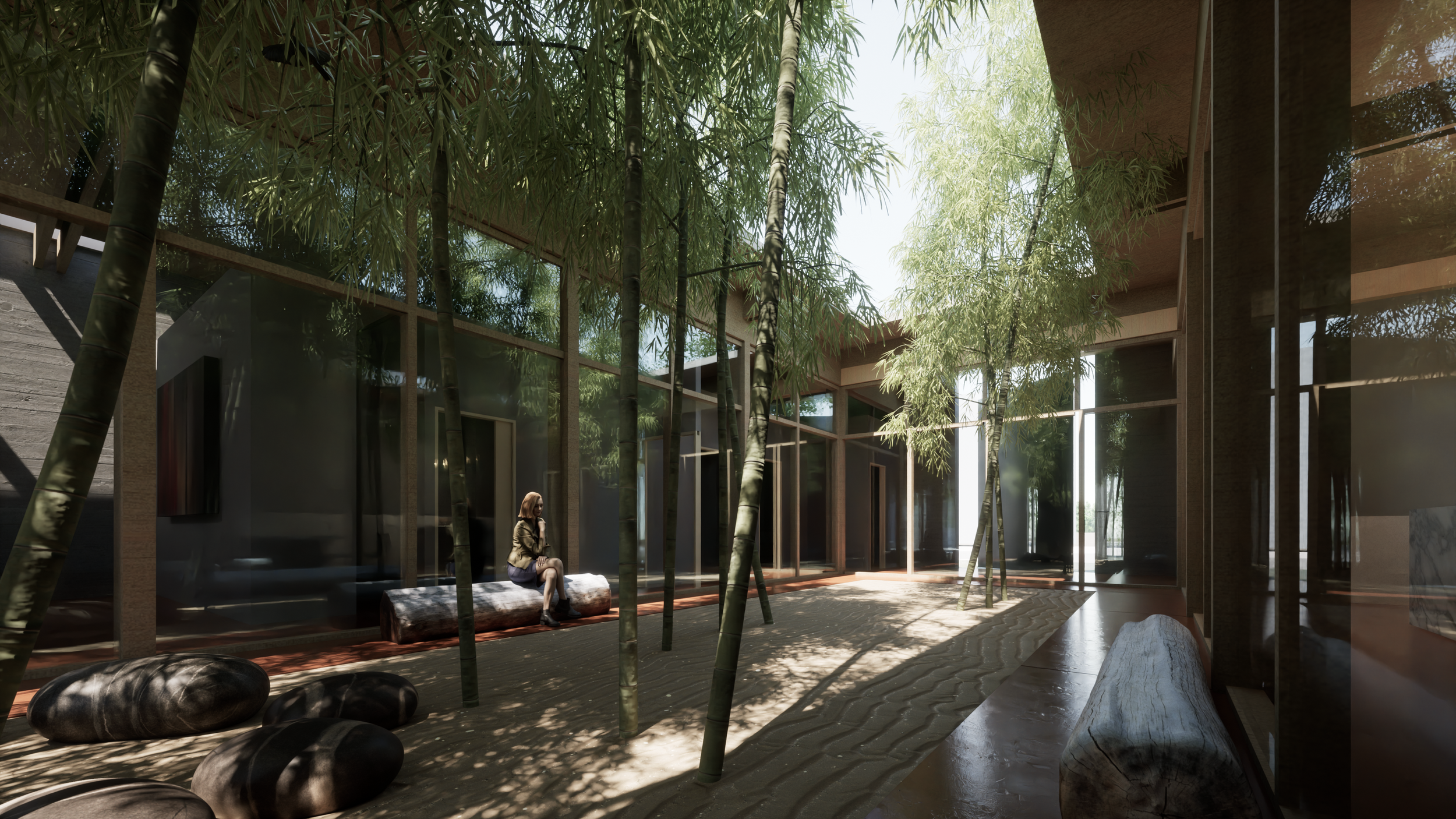 Interior courtyard with bamboo trees, large windows, stone walkways, and benches, featuring a woman sitting on a bench. brahlerdesign.