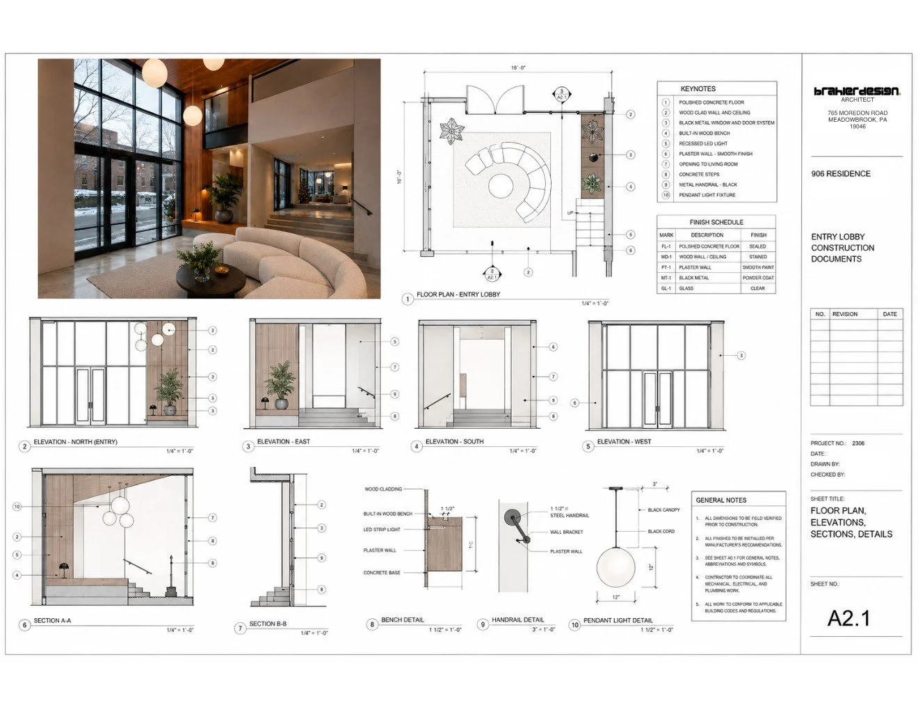 Architectural design plan for an entry lobby including a floor plan, elevation views (north, east, south, west), sections, and detailed drawings of finishes, wall construction, handrails, pendant lighting, and other interior elements brahlerdesign.