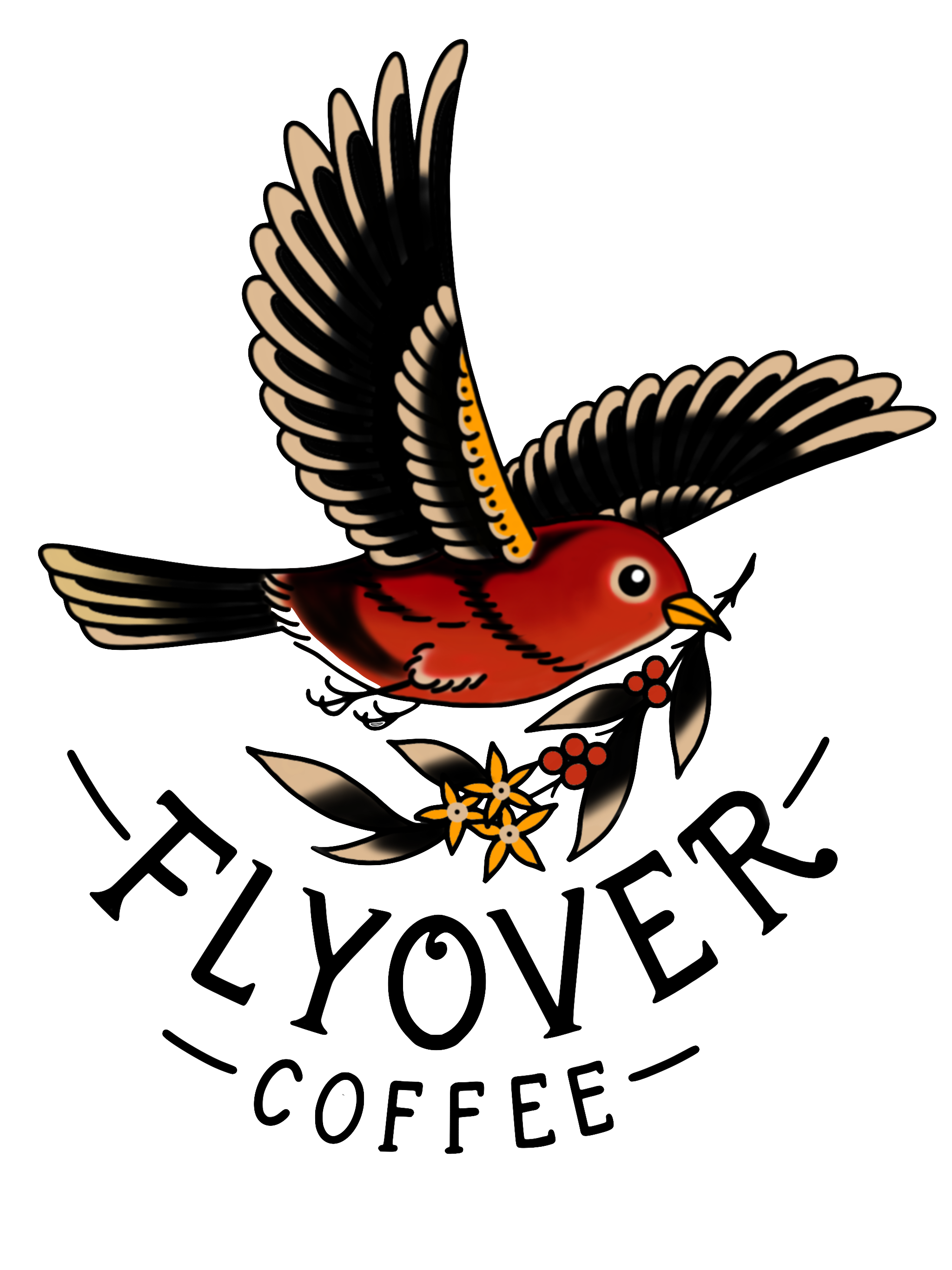 A colorful illustration of a bird holding a coffee branch with arabica flowers, below the illustration "Flyover Coffee".