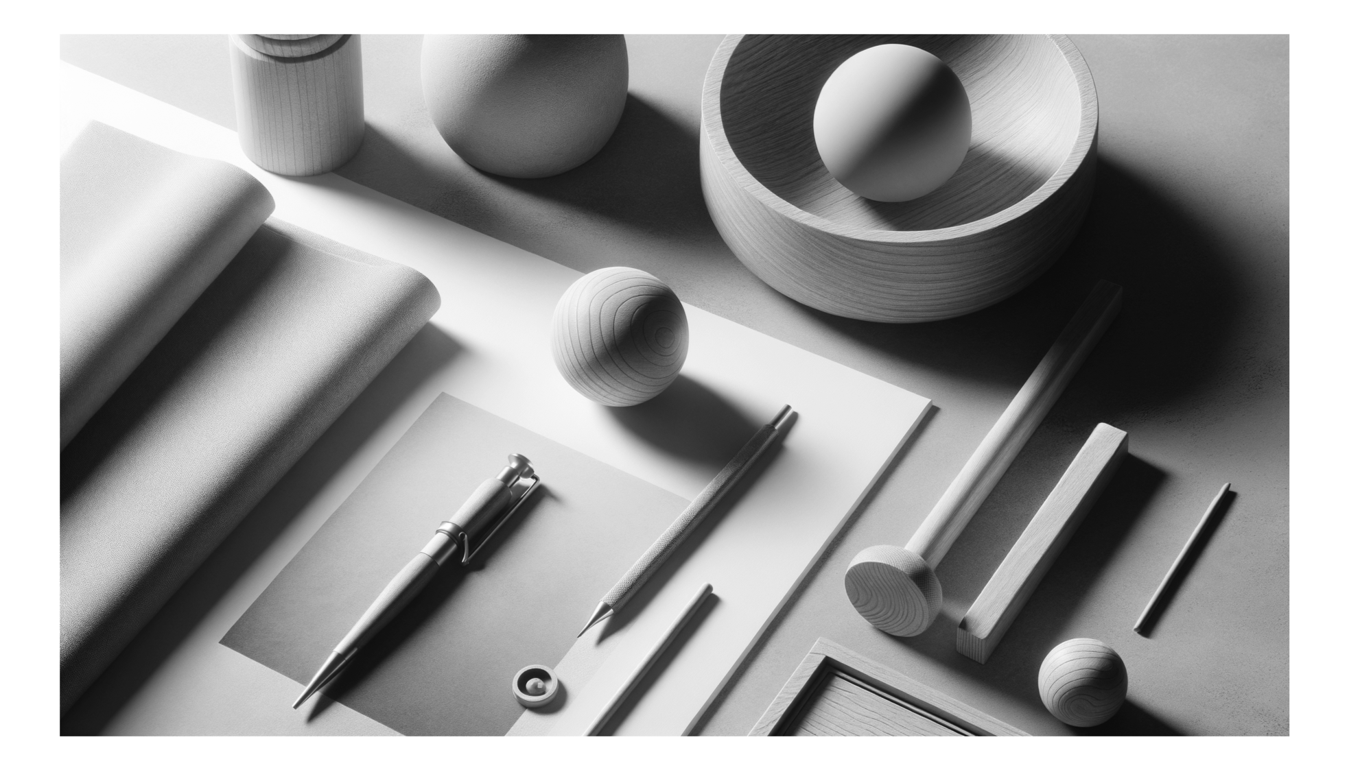 Arrangement of minimalist office supplies and decor items in black and white, including a pen, pencil, paper, fabric, wooden spheres, and bowls.