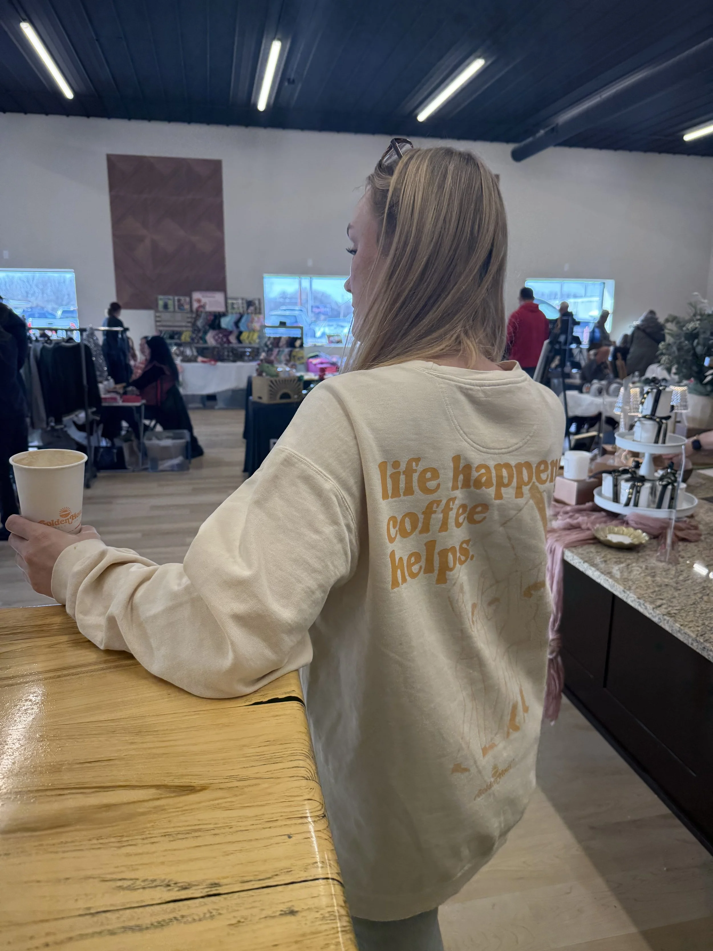Life Happen, Coffee Helps Crewneck