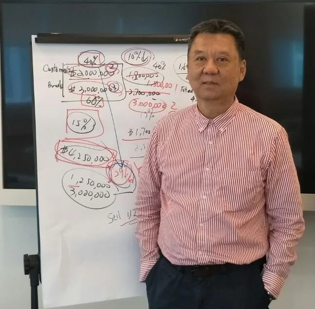 A man in a red and white striped shirt standing next to a whiteboard with financial notes and diagrams.