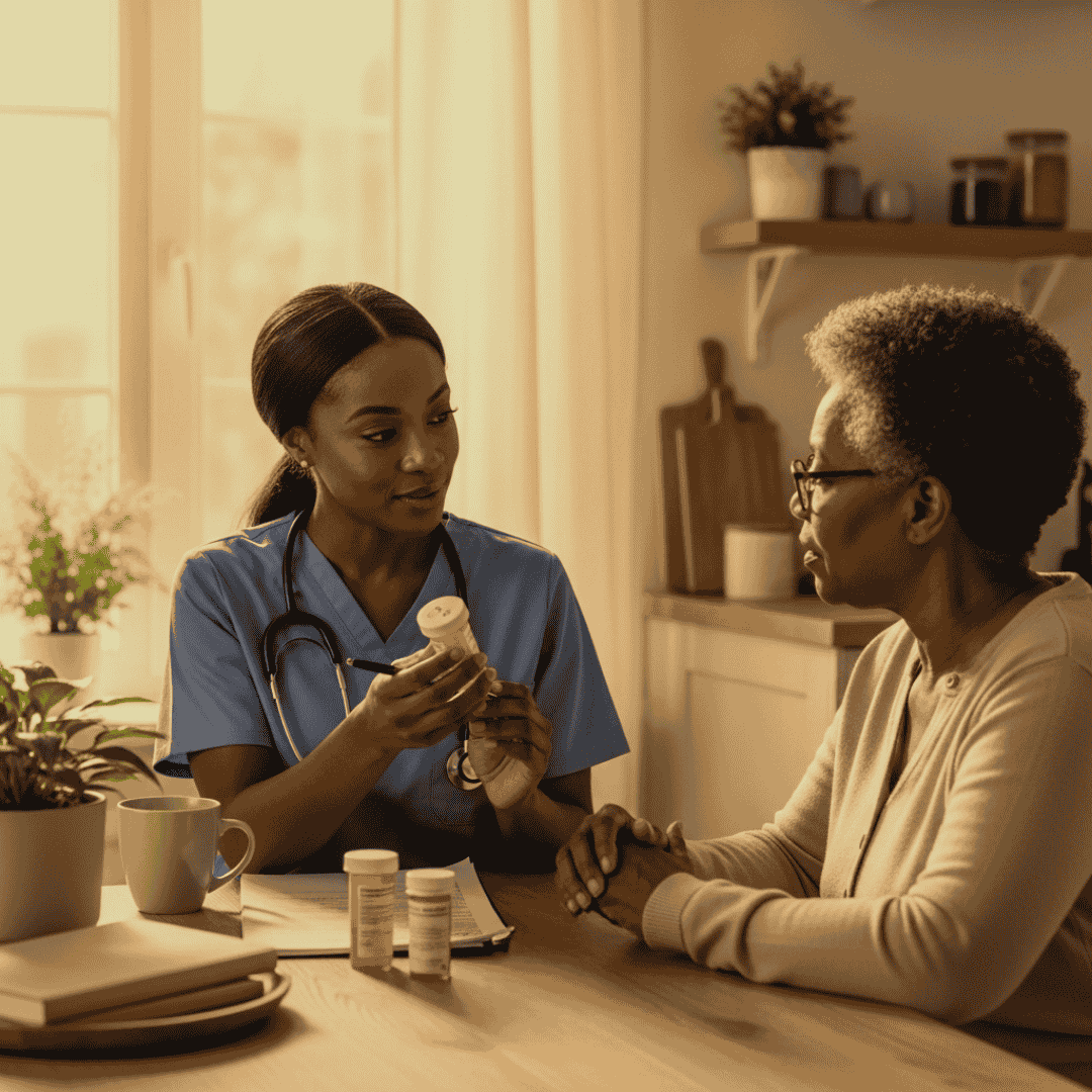 A healthcare professional, dressed in blue scrubs with a stethoscope around her neck, explaining medication to a woman with glasses and gray hair seated at a table in a cozy room with sunlight and plants.