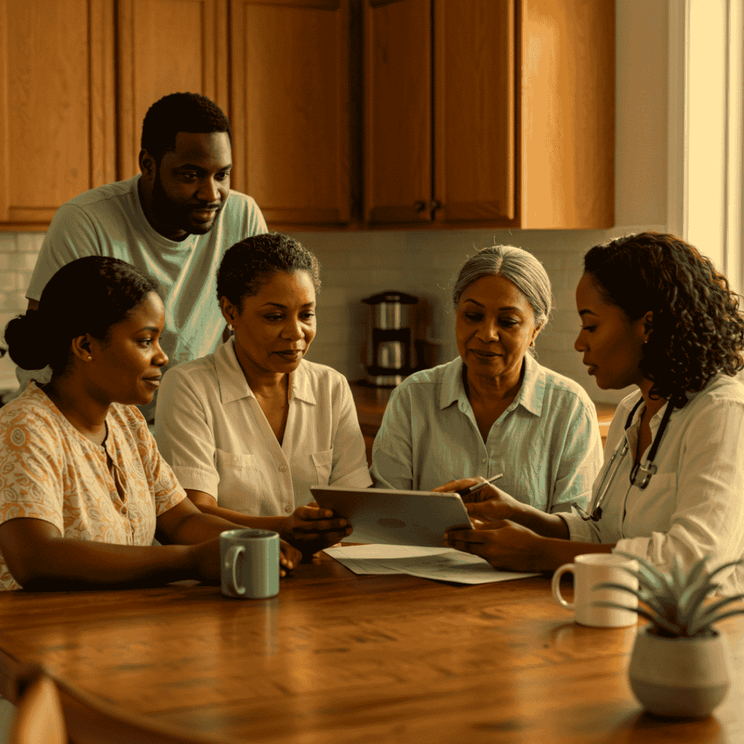 A group of five diverse women gathered around a table in a kitchen, looking at a tablet and discussing, with coffee mugs on the table.
