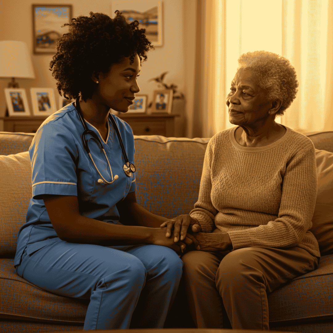 A nurse in blue scrubs with a stethoscope around her neck comforting an elderly woman with gray hair in a cozy living room.