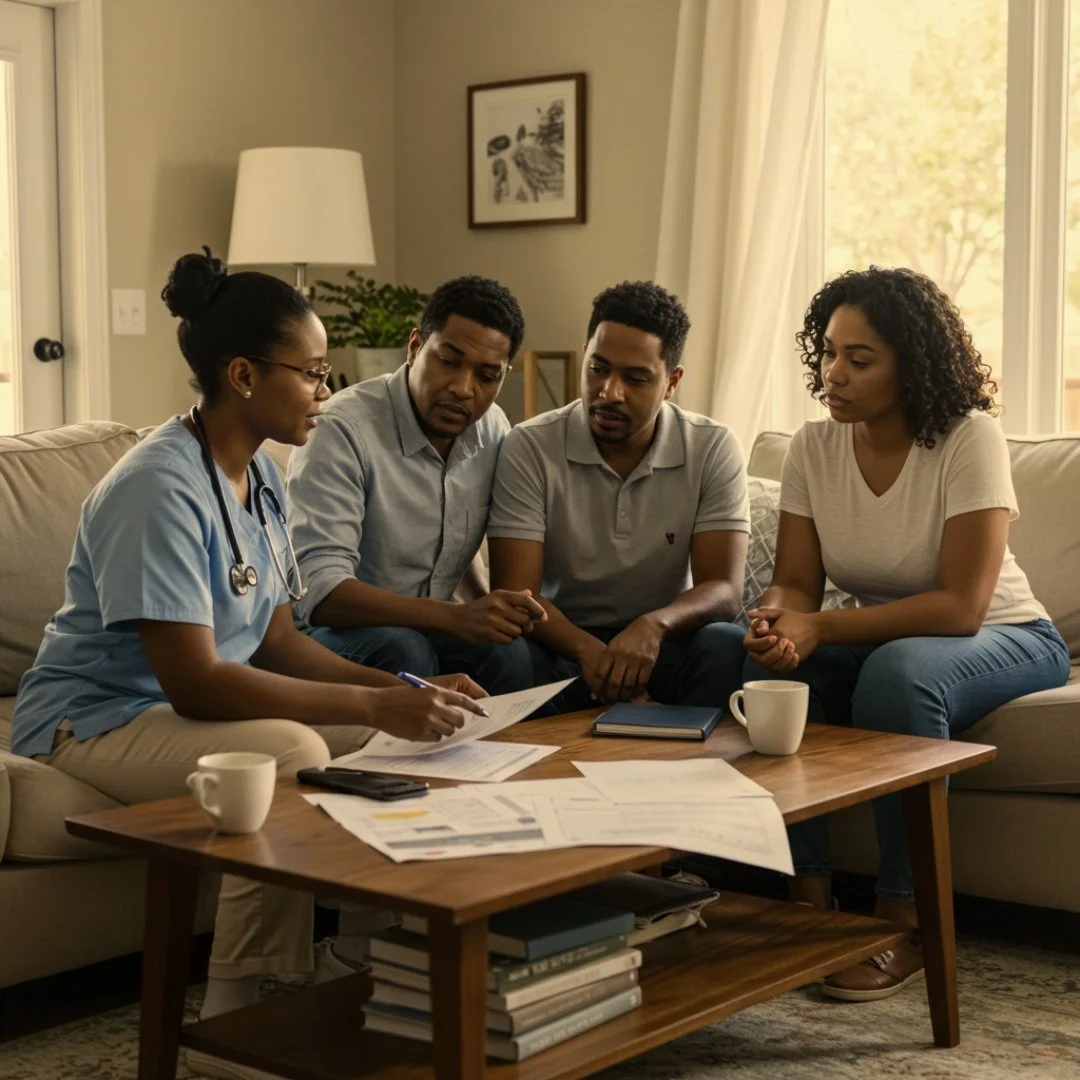 Group of four people sitting on a couch in a living room, discussing documents on a coffee table, with a nurse wearing scrubs among them.