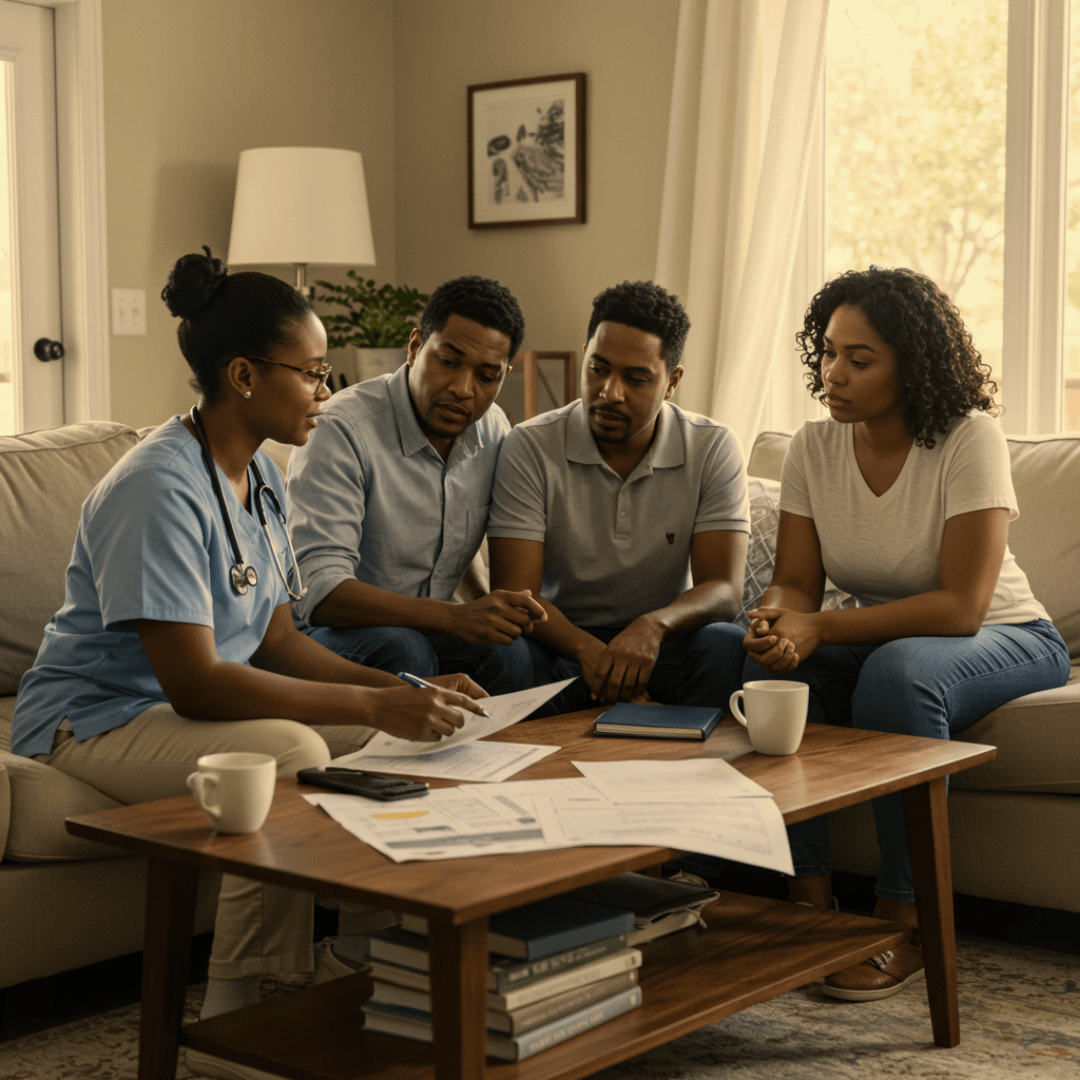 Group of four African-American people sitting on a beige sofa, engaged in a serious discussion about documents on a wooden coffee table in a living room.