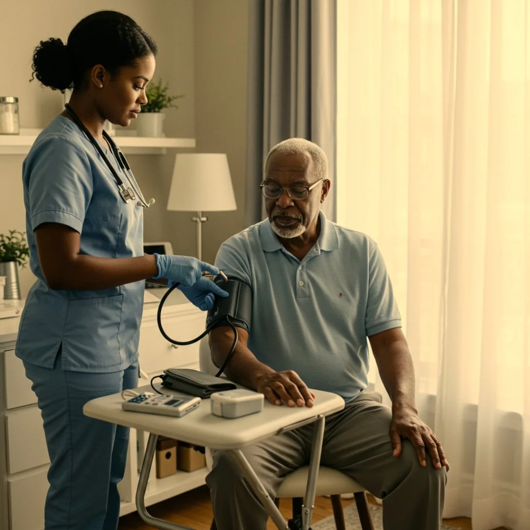 A nurse is taking an elderly man's blood pressure in a well-lit room with curtains, a lamp, and decorative plants.