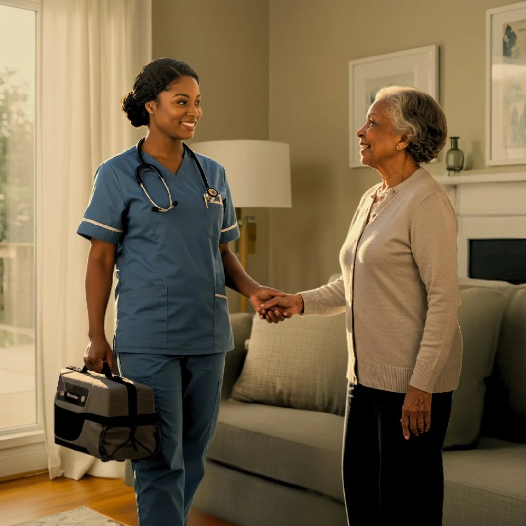 A nurse in blue scrubs shaking hands with an elderly woman in a beige cardigan inside a living room.