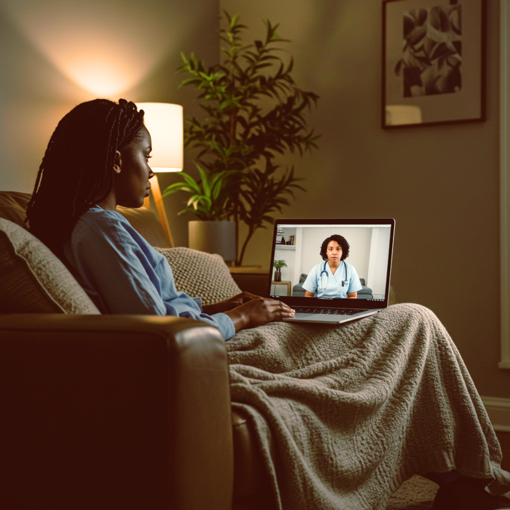 A woman sitting on a couch with a blanket, participating in a video consultation with a healthcare professional on her laptop in a cozy living room.