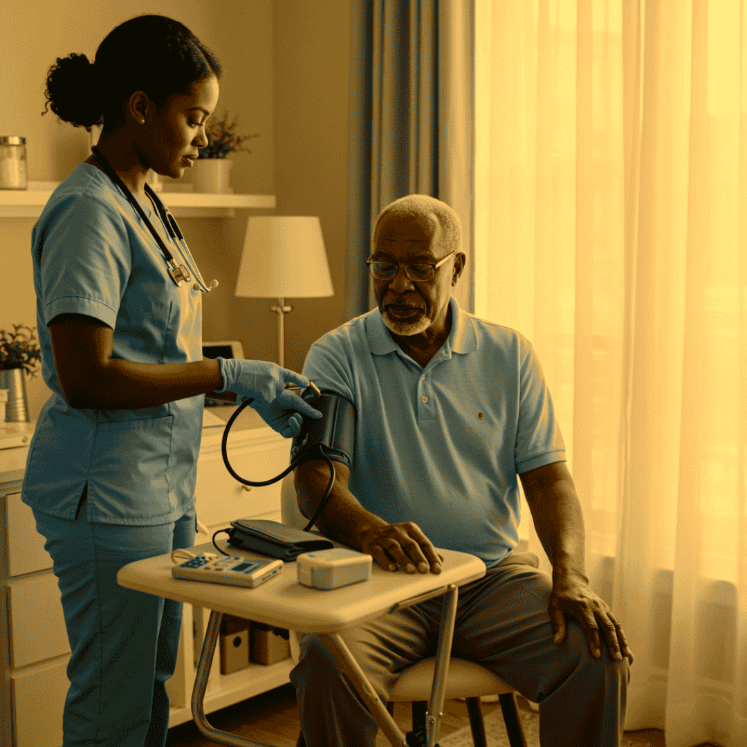 A nurse taking a blood pressure measurement from an elderly man seated in a room with warm lighting and curtains.