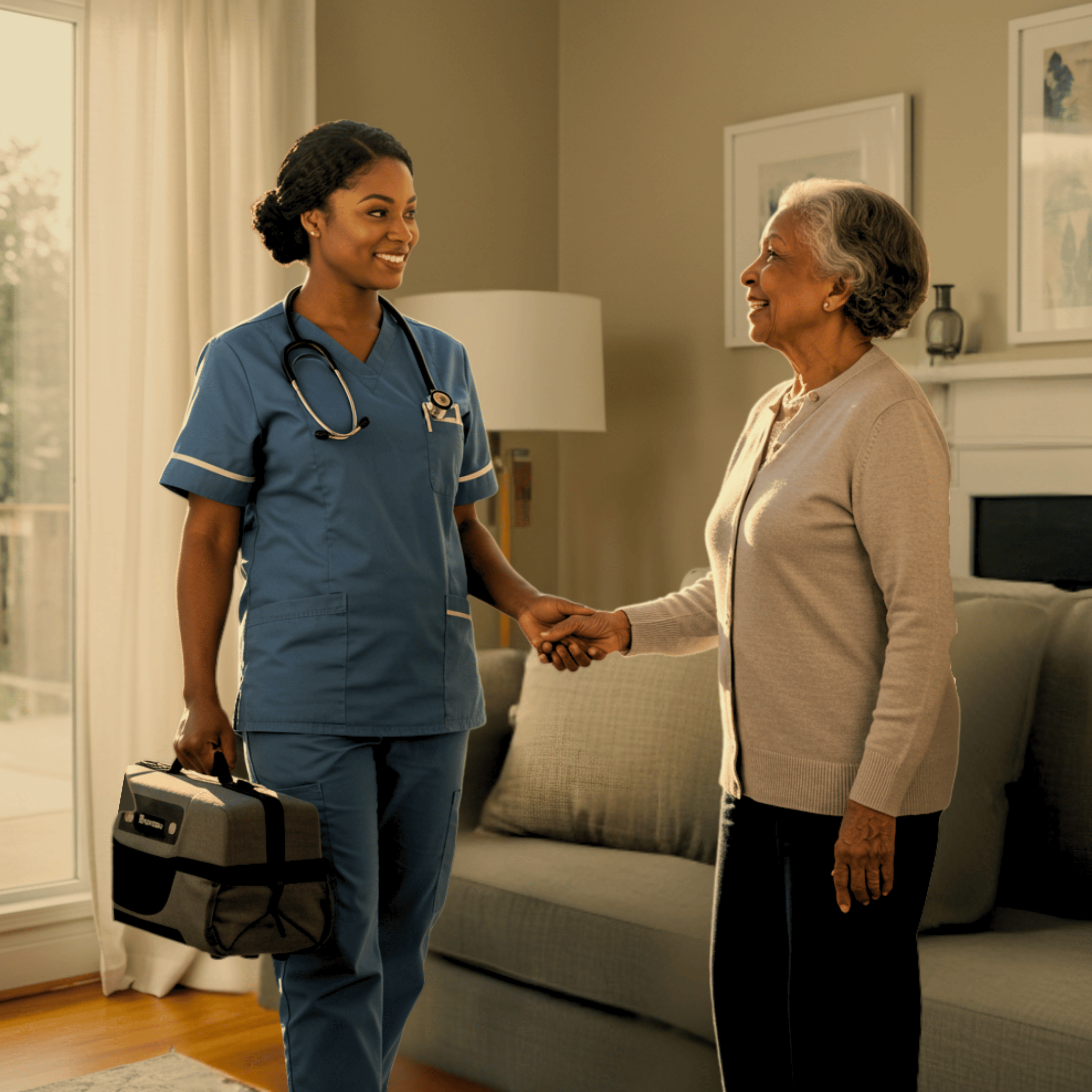 A nurse in blue scrubs and a stethoscope around her neck shakes hands with an elderly woman in a living room.