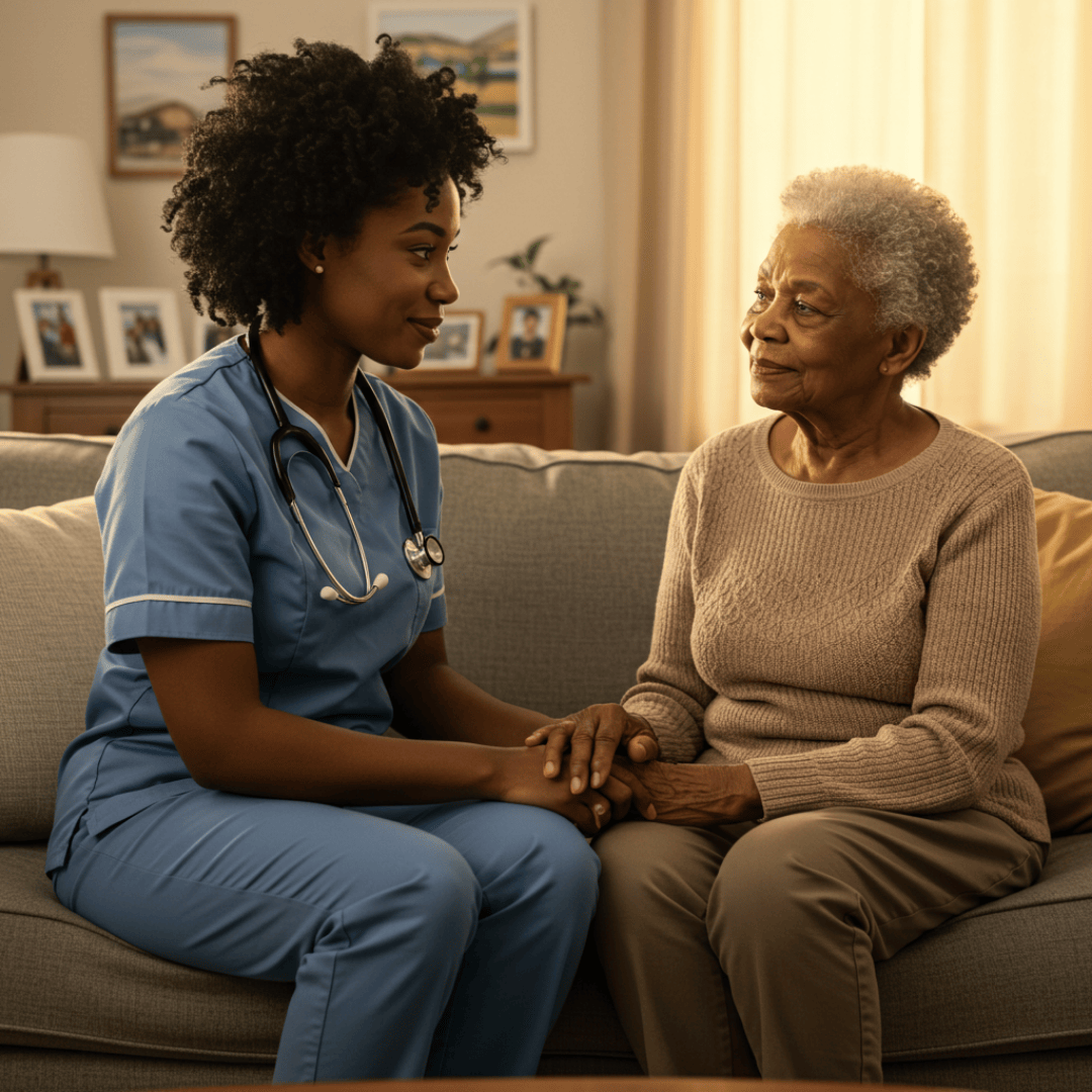 A young female nurse or caregiver in blue scrubs with a stethoscope holding hands and talking to an elderly woman on a beige sofa in a cozy living room with family photos on the wall.