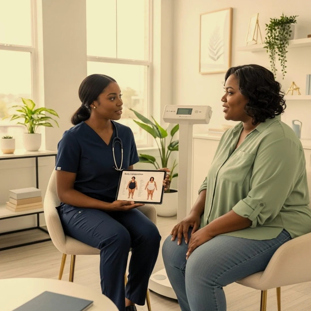 A healthcare professional in navy scrubs discusses weight loss with a patient in a consultation room, holding a tablet displaying before and after weight loss images.