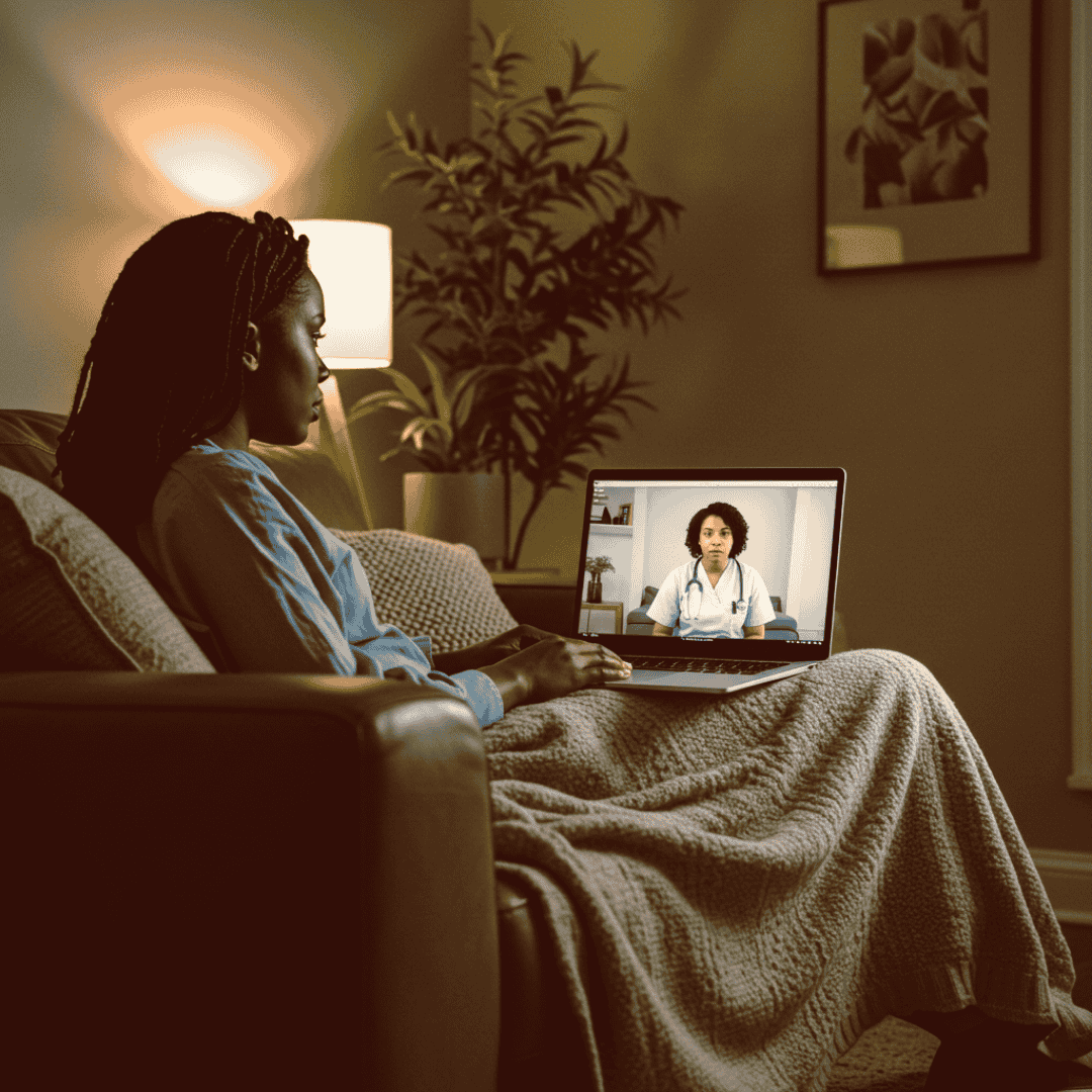 A woman with long braided hair sitting on a couch, watching a video call with a female doctor on her laptop in a dimly lit living room.