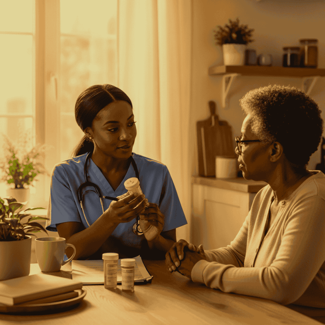 A healthcare professional in scrubs shows medication bottles to an elderly woman sitting at a table, in a well-lit room.