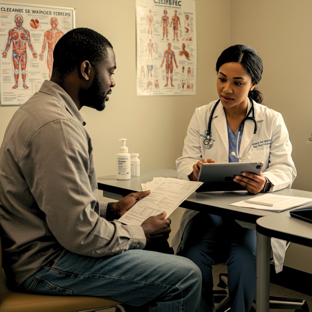 Doctor consulting with a patient in an examination room, both looking at documents. The doctor is holding a tablet, and the patient has papers in his hand. Medical charts are visible on the wall.