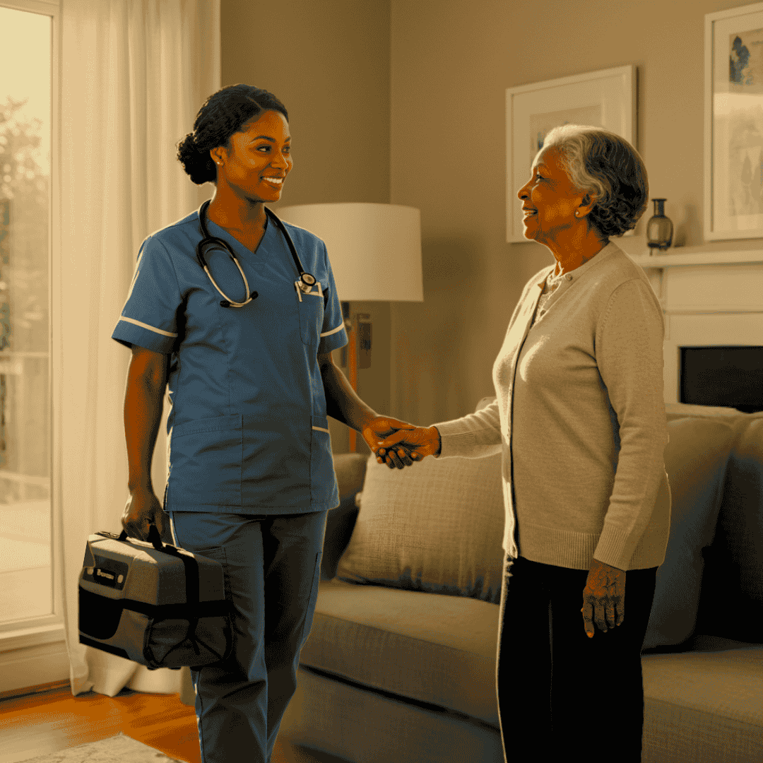 A young female nurse in blue scrubs and stethoscope, holding a medical bag, shaking hands with an elderly woman inside a living room.