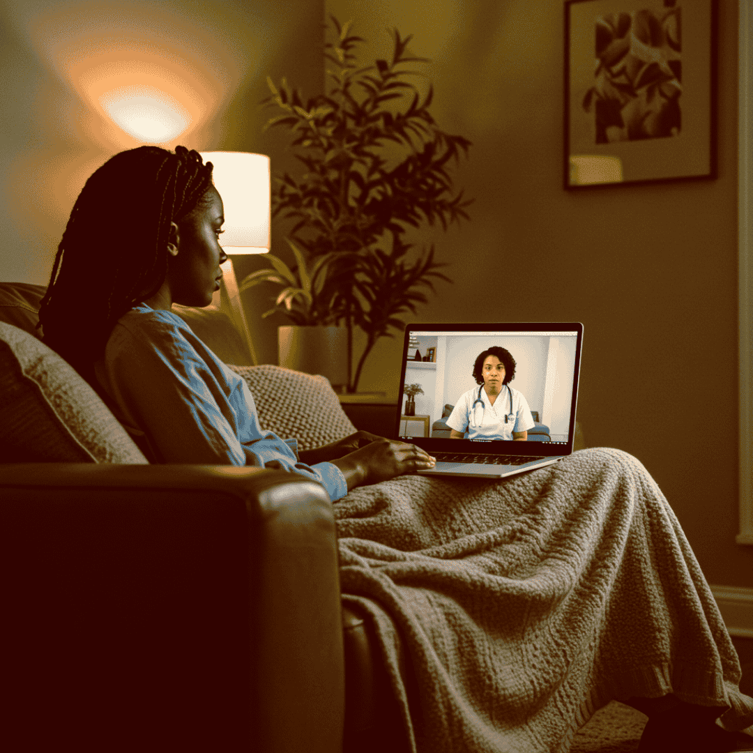 Woman with braids sitting on couch using laptop with a video call featuring a female doctor.