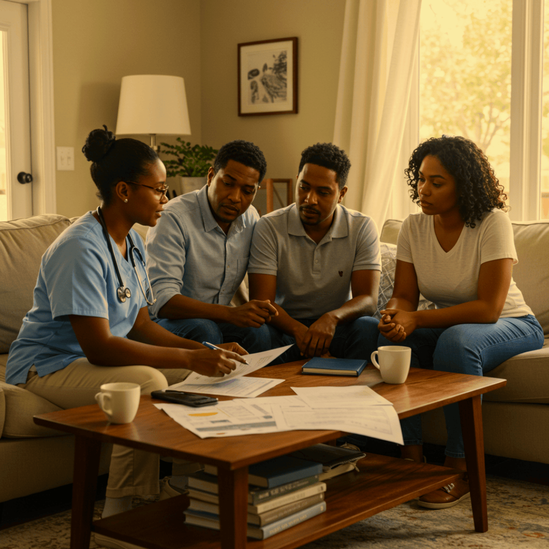 A healthcare professional explains medical documents to three adults during a consultation in a living room.