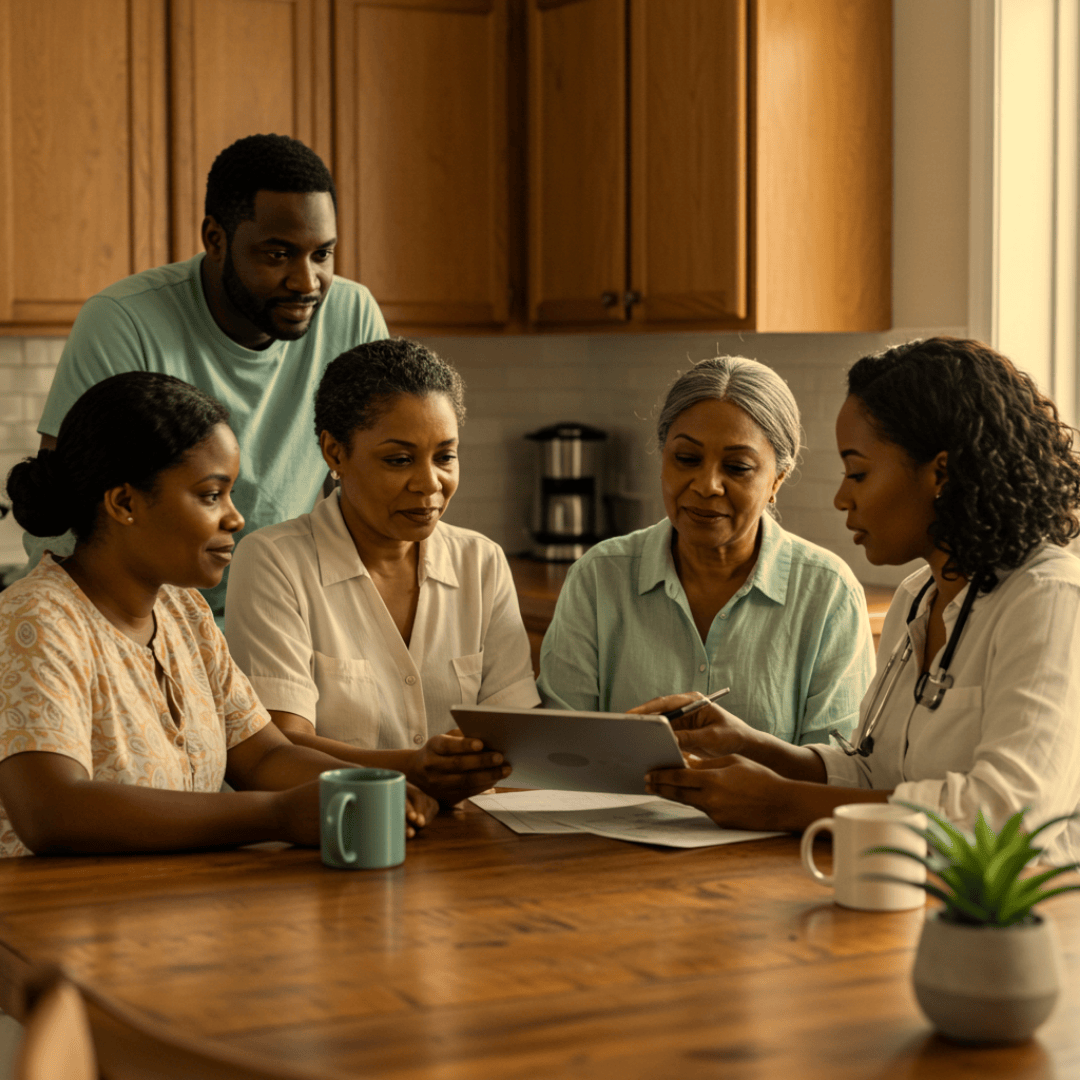 A diverse group of five women and one man gathered around a kitchen table, looking at a tablet a woman is holding, with mugs and a potted plant on the table.