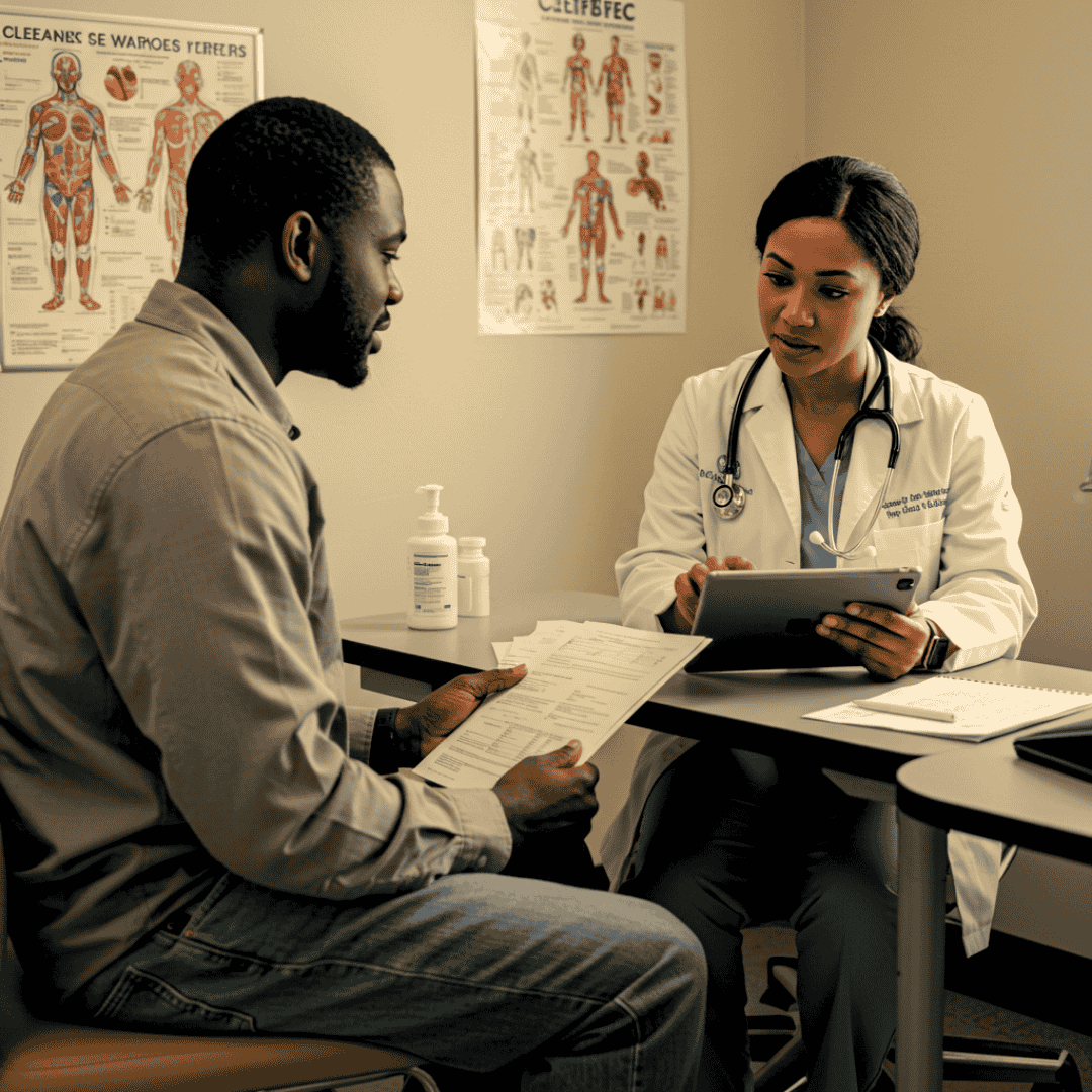 A doctor and a patient sitting in a consultation room with medical posters on the wall, discussing documents and using a tablet.