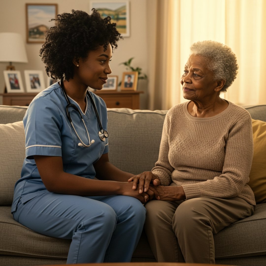 A young female nurse wearing blue scrubs with a stethoscope around her neck, sitting on a beige couch and holding hands with an elderly woman, in a warmly lit living room decorated with framed photos and paintings.